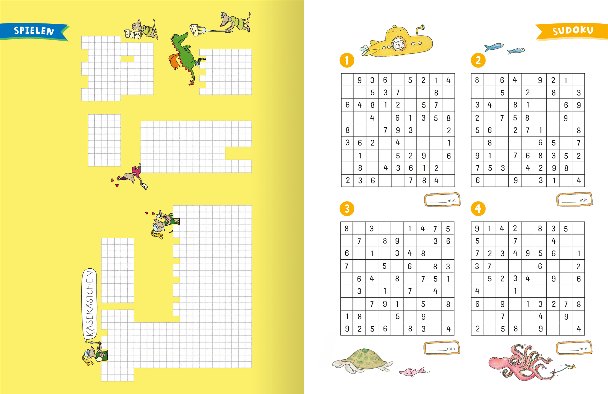 Gezeigt wird eine Innen- oder Zusatzansicht von „Das ultimative Ferien-Mitmachbuch“. Die linke Seite ist in einem grellen Gelbton gehalten und zeigt auf der linken Seite ein quadratisches Spielfeld mit liebevollen Illustrationen von Mäusen und einem Drachen. Auf der rechten Seite sind vier Sudoku-Rätsel abgebildet, umrahmt von farbigen, verspielten Illustrationen von Meereslebewesen. Die Schriftzüge „SPIELEN“ und „SUDOKU“ sind in einer auffälligen, kindgerechten Typografie...