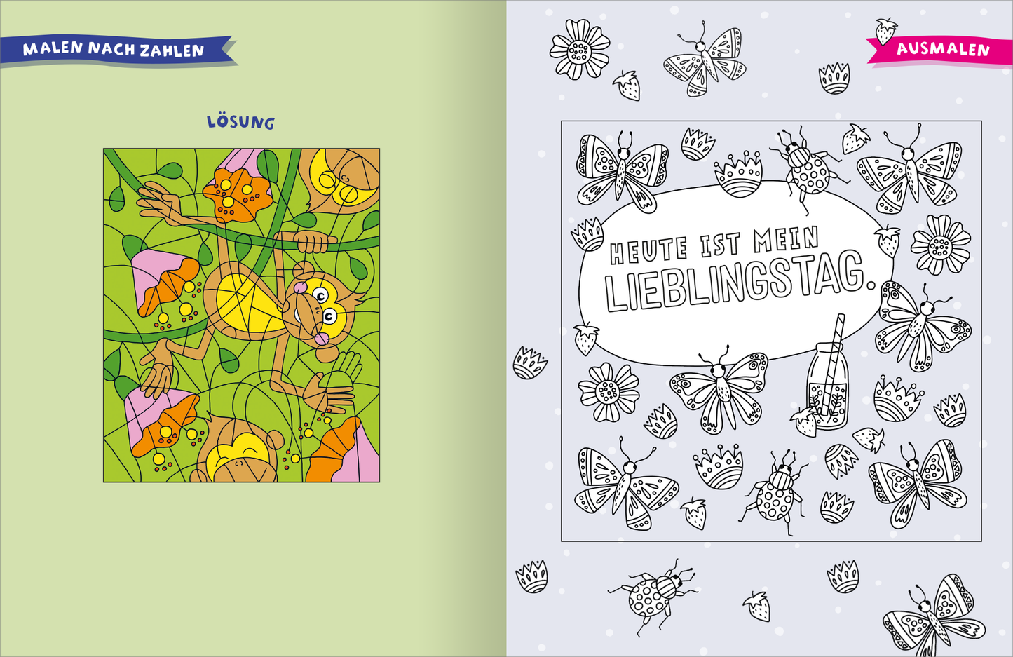 Gezeigt wird eine Innen- oder Zusatzansicht von „Das ultimative Ferien-Mitmachbuch“. Die Seite links zeigt eine farbenfrohe Malen-nach-Zahlen-Lösung mit orangefarbenen, gelben und grünen Elementen in einem spielerischen Muster. Auf der rechten Seite ist ein ausmalbares Bild auf blauem Hintergrund abgebildet, das mit Blumen, Schmetterlingen und dem Schriftzug „HEUTE IST MEIN LIEBLINGSTAG“ in großer, verspielter Schrift gestaltet ist. Die Verwendung lebendiger Farben und eine...