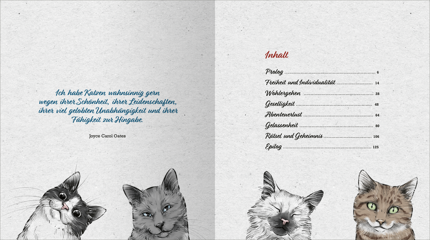 Gezeigt wird eine Innen- oder Zusatzansicht von „Kleine Katzenphilosophie“. Auf der linken Seite steht ein Zitat in blauer Schrift, umrahmt von vier detaillierten Katzenillustrationen in Schwarz-Weiß. Die rechte Seite zeigt das Inhaltsverzeichnis mit Überschriften in roter Schrift, die die verschiedenen Kapitel auflisten. Der Hintergrund hat eine strukturierte, beige Farbgebung, die dem Layout eine warme und einladende Atmosphäre verleiht. Die Typografie ist klar und gut lesbar.