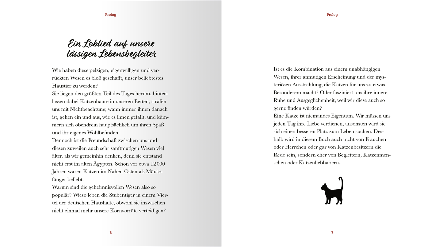 Gezeigt wird eine Innenansicht von „Kleine Katzenphilosophie“. Die Doppelseite enthält einen hellen, neutralen Hintergrund, auf dem der Text in klarer, lesbarer schwarzer Schrift angeordnet ist. Der Titel ist verspielt und in einer auffälligen, geschwungenen Typografie in Braun gehalten. Ein stilisierter schwarzer Katzenschnitt zieht sich am unteren Rand der rechten Seite entlang. Der Text ist gut strukturiert und vom Leser gut erfassbar.