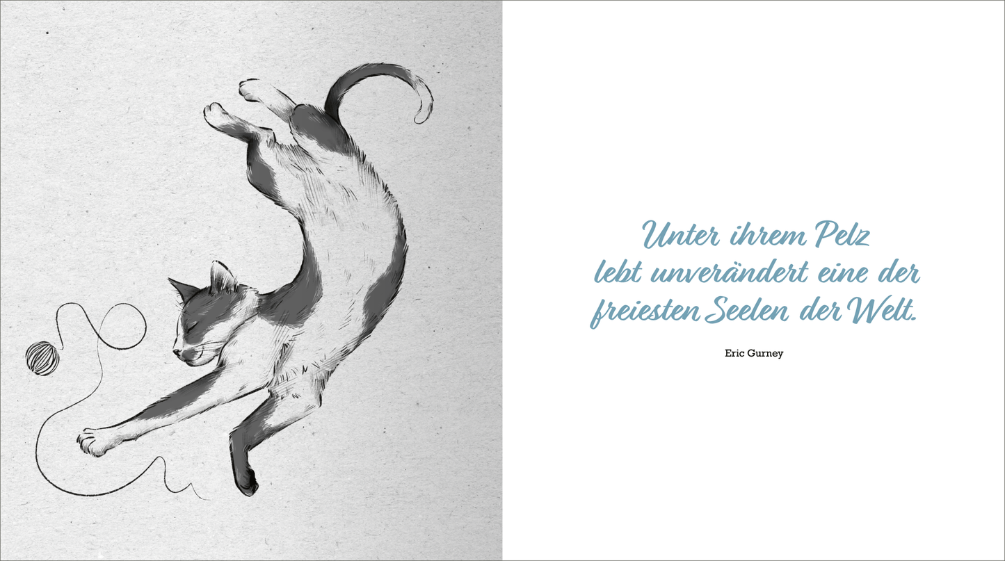 Gezeigt wird eine Innen- oder Zusatzansicht von „Kleine Katzenphilosophie“. Links ist eine Schwarz-Weiß-Zeichnung einer springenden Katze zu sehen, die dynamisch und verspielt wirkt. Auf der rechten Seite steht der zitierte Text in einer harmonischen, türkisblauen Schriftart, die elegant und lesefreundlich gestaltet ist. Der Hintergrund ist hell und schlicht, was die Illustrationen und den Text zur Geltung bringt.