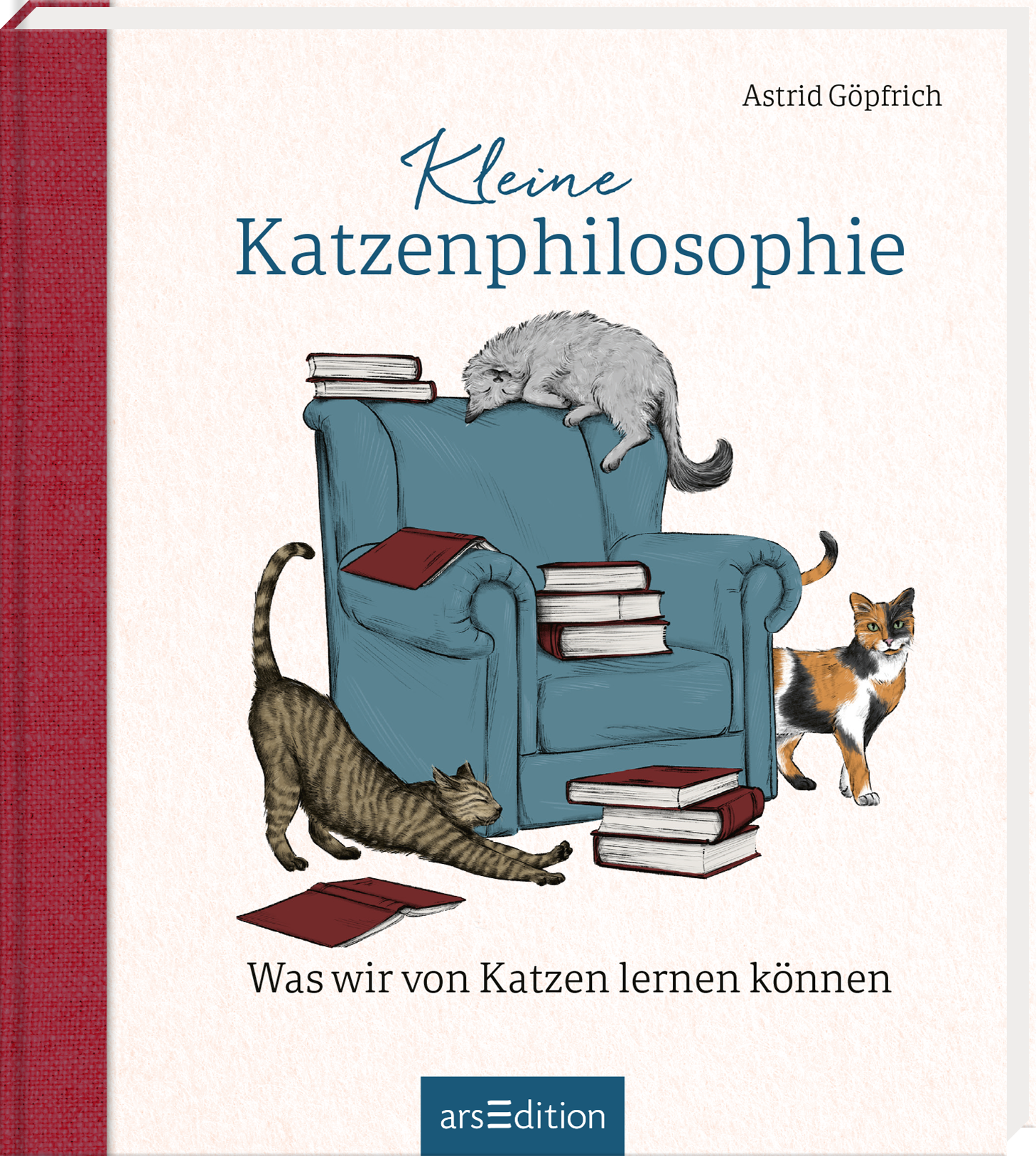 Das Buchcover zeigt einen gemütlichen blauen Sessel, auf dem drei stilisierte Katzen spielen und dösen. Die Farbtöne sind überwiegend sanft und hell, mit dominierendem Blau für den Sessel und lebendigen Farben für die Katzen. Der Titel „Kleine Katzenphilosophie“ ist in verspielter, blauer Schrift platziert, während der Untertitel „Was wir von Katzen lernen können“ in einer schlichten, grauen Font darunter steht. Oben rechts ist der Name der Autorin, Astrid Göpfrich, zu sehen....