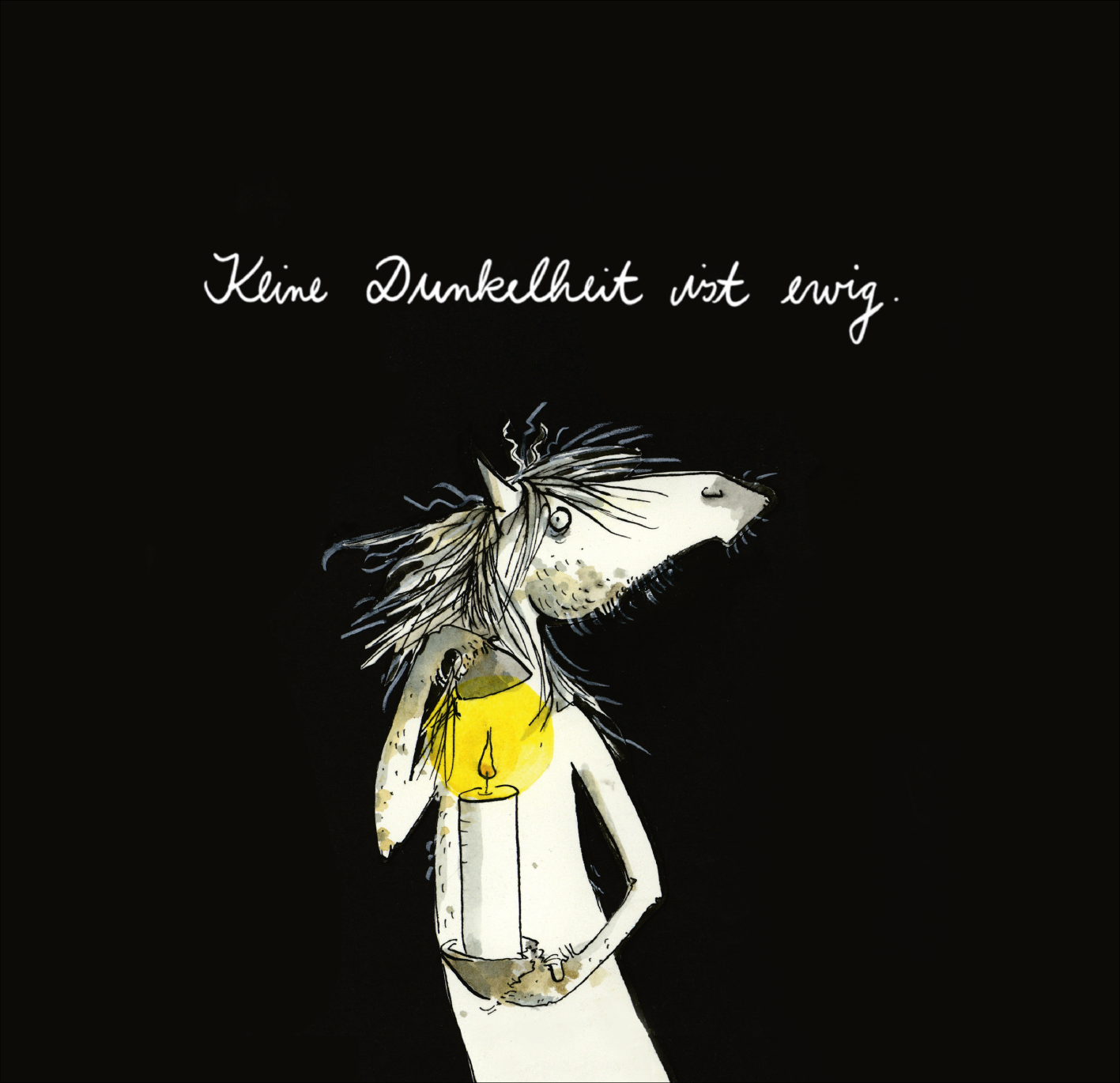 Gezeigt wird eine Innen- oder Zusatzansicht von „Ein Licht für dich“. Die Illustration zeigt ein verträumtes Tier mit einem Pferdekopf, das eine Flamme in einer gelben Laterne hält. Der Hintergrund ist tiefschwarz, kontrastiert durch die hellen Farben des Tieres und der Laterne. Über dem Tier schwebt in eleganter Handschrift der Satz „Keine Dunkelheit währt ewig“, der die Botschaft des Bildes verstärkt. Die Typografie ist verspielt und einladend.