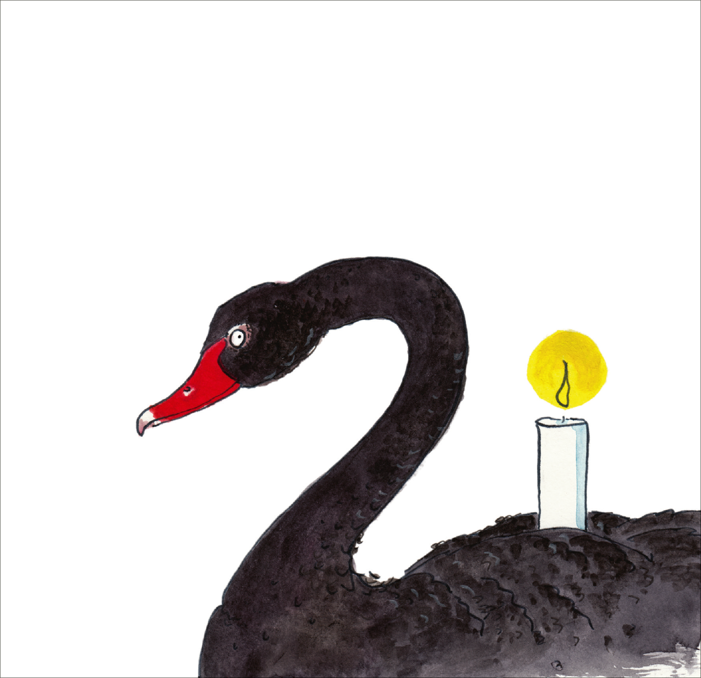 Gezeigt wird eine Innen- oder Zusatzansicht von „Ein Licht für dich“. Das Bild zeigt einen schwarzen Schwan mit einem auffälligen roten Schnabel. Auf seinem Rücken steht eine weiße Kerze mit einer gelben Flamme. Der Hintergrund ist reinweiß, was die Farben des Schwans und der Kerze stark betont. Die zeichnerische Darstellung ist verspielt, mit klaren Linien und kräftigen, lebhaften Farben, die den fröhlichen Charakter der Illustration unterstreichen.