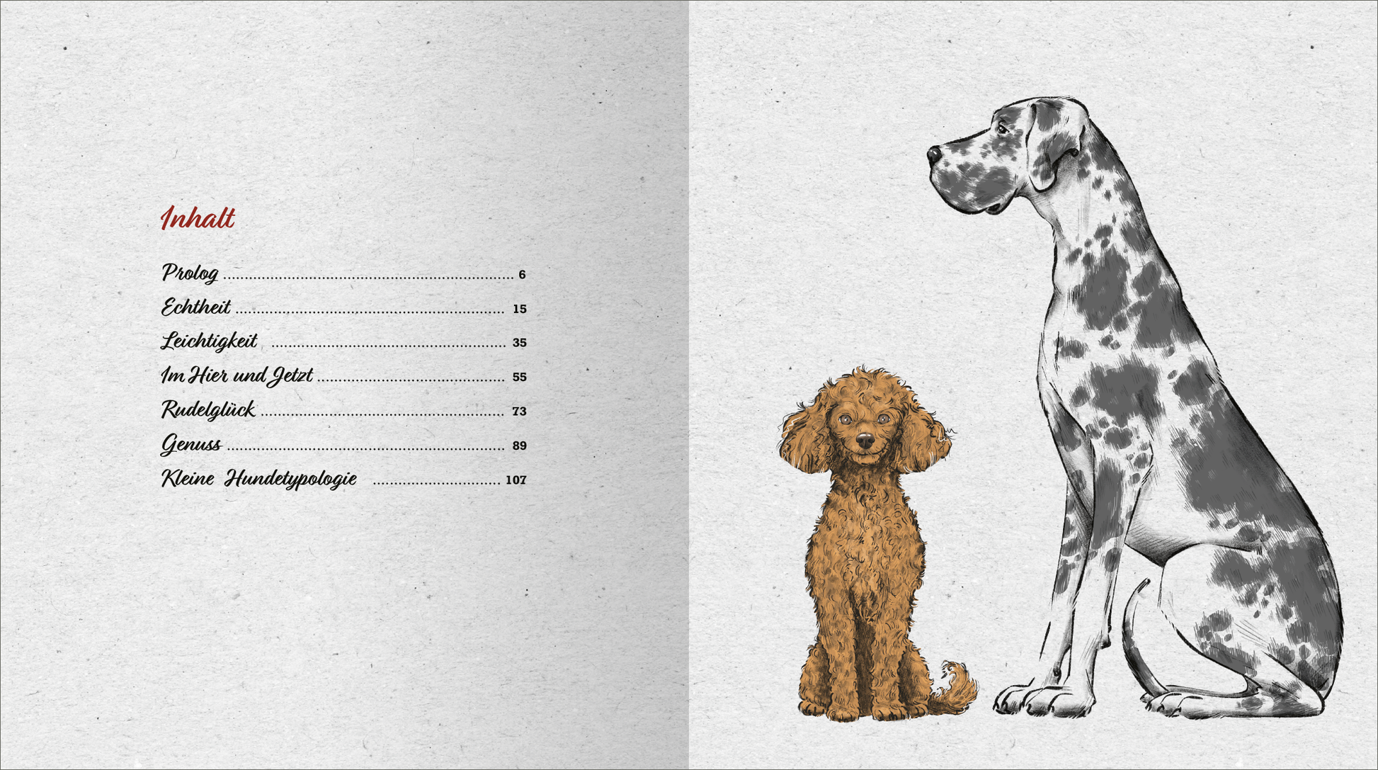 Gezeigt wird eine Innen- oder Zusatzansicht von „Kleine Hundephilosophie“. Links ist das Inhaltsverzeichnis abgebildet, in kräftigem Rot gehalten. Es listet die Kapitel mit Seitenzahlen auf. Rechts sind zwei Illustrationen von Hunden, ein kleiner, lockiger Hund und ein großer, gefleckter Hund, die farbig und detailreich gestaltet sind. Der Hintergrund ist neutral, wodurch die Elemente gut zur Geltung kommen. Die Schrift ist klar und gut lesbar.