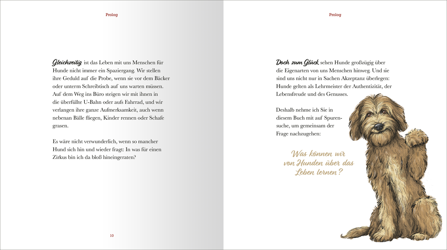 Gezeigt wird eine Innenansicht von „Kleine Hundephilosophie“. Die Seite zeigt einen strukturierten Textblock in schwarzer Schrift auf hellem Hintergrund. Links befindet sich der fortlaufende Text mit einer ansprechenden, gut lesbaren Serifenschrift. Rechts ist eine skizzierte, braun-graue Hundegestalt abgebildet, die freundlich wirkt. Ein Zitat in sanften Farben hebt sich vom Text ab und lädt zum Nachdenken ein. Die Gestaltung ist harmonisch und sorgt für eine angenehme Leseerfahrung.