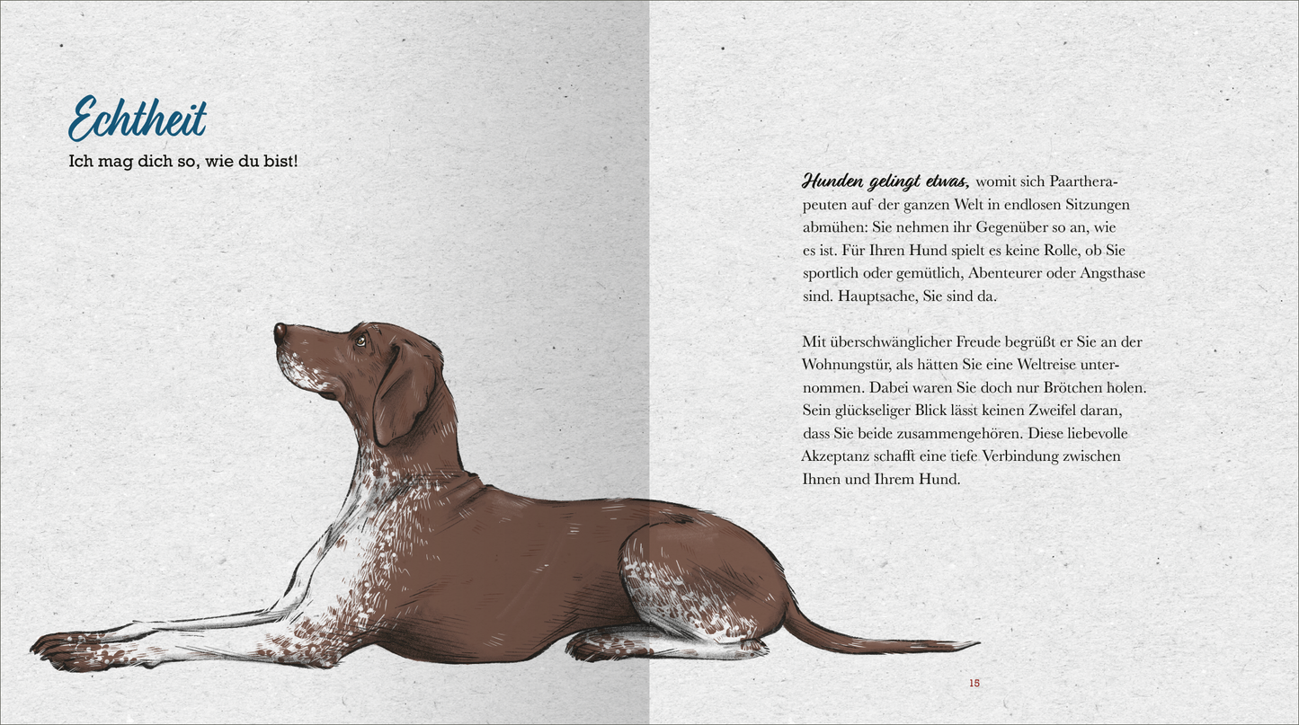 Gezeigt wird eine Innen- oder Zusatzansicht von „Kleine Hundephilosophie“. Die Seite präsentiert einen illustrierten Hund in Seitenansicht mit braun-weißer Fellzeichnung. Der Hintergrund ist leicht strukturiert und beige. Auf der linken Seite steht der Titel „Echtheit“ in einer modernen, gut lesbaren Schriftart. Auf der rechten Seite befindet sich ein Textblock in grauer Schrift, der die Gedanken zur Beziehung zwischen Mensch und Hund thematisiert.