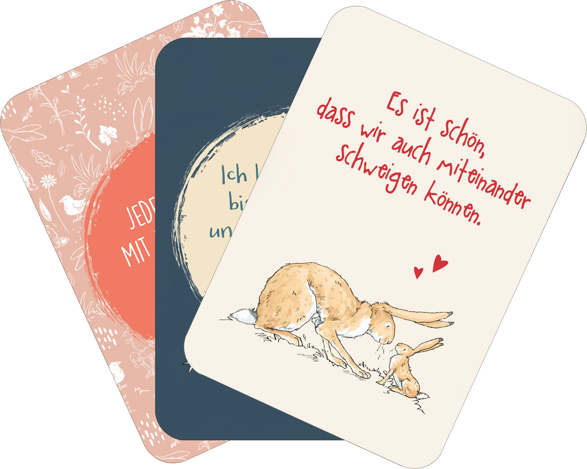 Gezeigt wird eine Innen- oder Zusatzansicht von „Weißt du eigentlich, wie lieb ich dich hab? Ich hab dich so lieb!“. Die Ansicht zeigt drei Karten mit verschiedenen Hintergründen und Illustrationen. Die linke Karte hat einen floralen, pastellfarbenen Hintergrund mit dem Text „JEDER TAG MIT DIR“. Die mittlere Karte ist dunkelblau mit einem runden, helleren Abschnitt und der Aufschrift „Ich lieb dich bis zum Mond und zurück“. Die rechte Karte hat einen cremefarbenen Hintergrund mit...