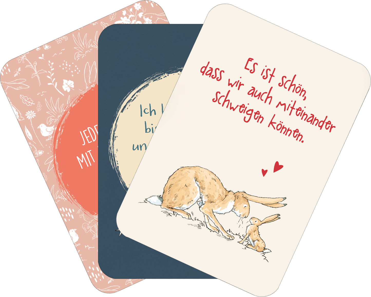 Gezeigt wird eine Innen- oder Zusatzansicht von „Weißt du eigentlich, wie lieb ich dich hab? Ich hab dich so lieb!“. Die Ansicht zeigt drei Karten mit verschiedenen Hintergründen und Illustrationen. Die linke Karte hat einen floralen, pastellfarbenen Hintergrund mit dem Text „JEDER TAG MIT DIR“. Die mittlere Karte ist dunkelblau mit einem runden, helleren Abschnitt und der Aufschrift „Ich lieb dich bis zum Mond und zurück“. Die rechte Karte hat einen cremefarbenen Hintergrund mit...