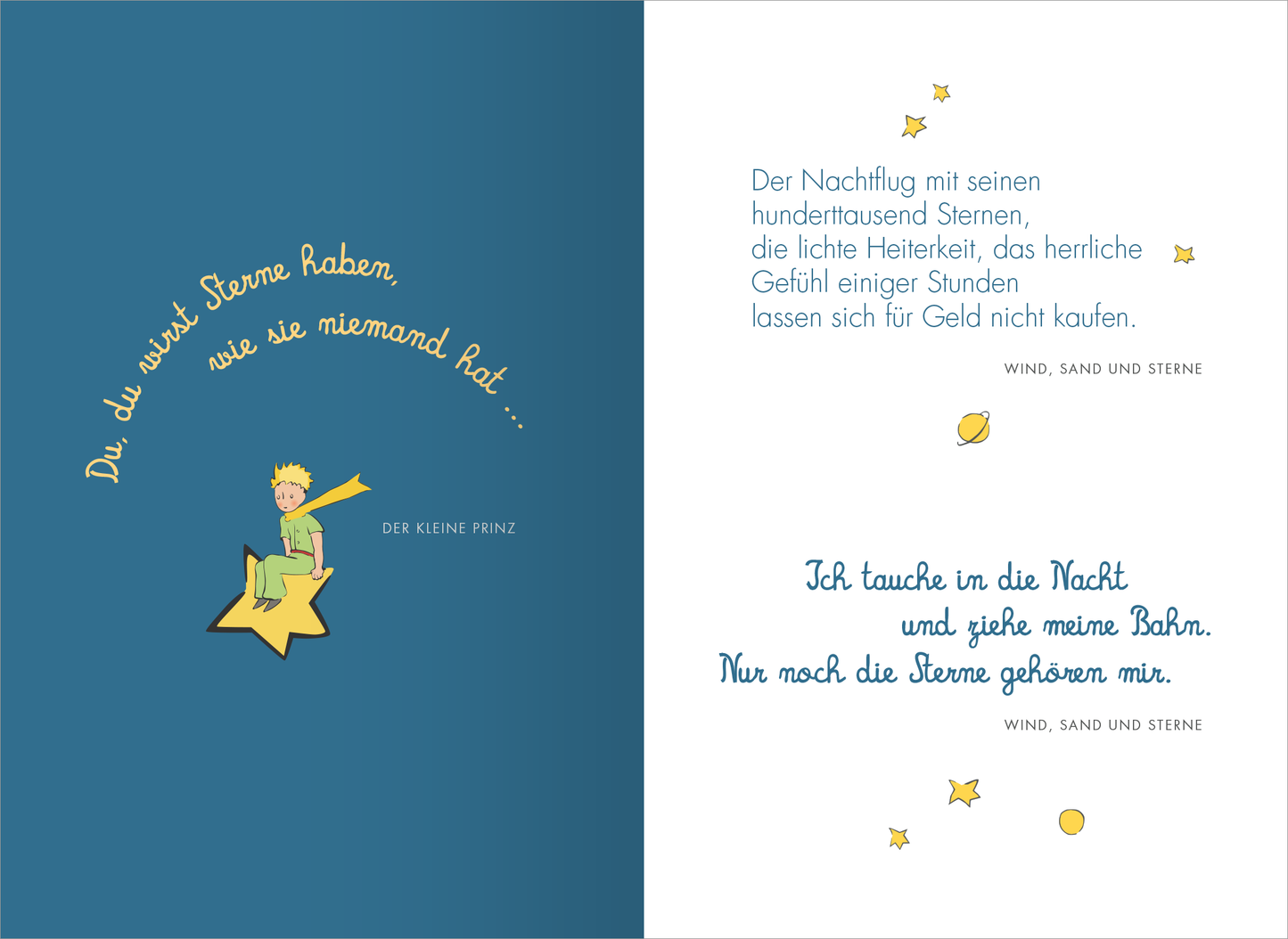 Gezeigt wird eine Innen- oder Zusatzansicht von „Mit dem kleinen Prinzen durch den Advent“. Auf der linken Seite ist der kleine Prinz in sanften Gelb- und Blautönen auf einem großen, gelben Stern abgebildet, umgeben von leuchtenden Sternen. Der Text „Die du wirst Sterne haben, wie sie niemand hat...“ ist in verspielter, handschriftlicher Typografie gestaltet. Die rechte Seite enthält den Text in einer klaren, blauen Schrift und beschreibt den Nachtflug mit Hunderttausenden von...