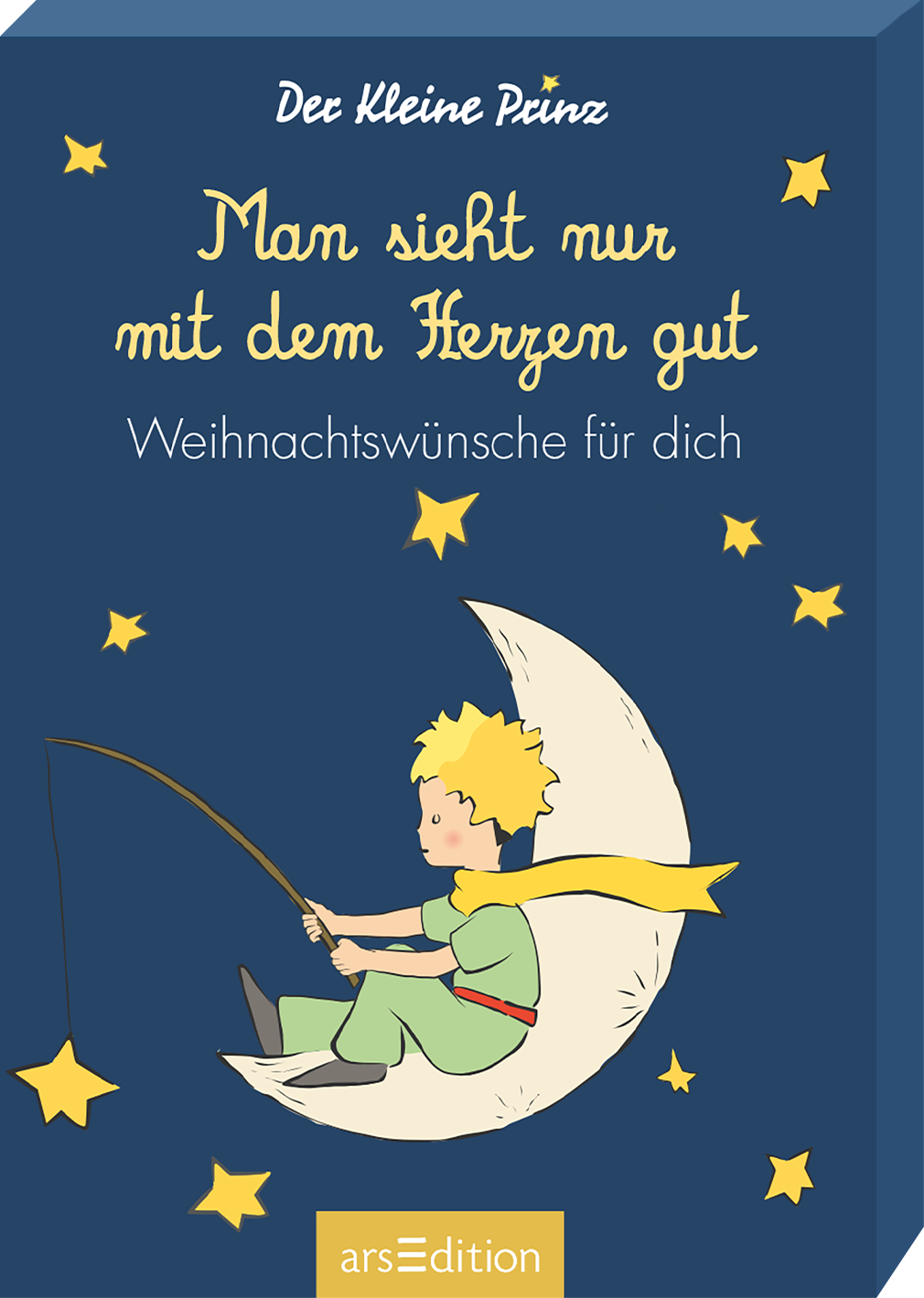 Das Buchcover zeigt einen kleinen Jungen mit blonden Locken, der auf einer Mondsichel sitzt und mit einer Angelrute in die Sterne fischt. Der Hintergrund ist in tiefem Blau gehalten, während der Titel „Man sieht nur mit dem Herzen gut“ in geschwungener, heller Schrift oben platziert ist. Unter dem Titel steht in etwas kleinerer, einfacher Schrift „Weihnachtswünsche für dich“. In der oberen linken Ecke befindet sich das Autorenfeld „Der Kleine Prinz“.  Ganz unten mittig steht der...