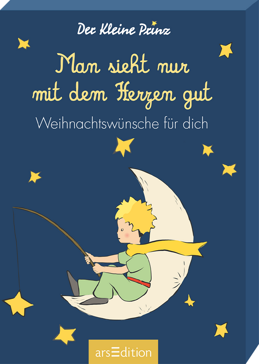 Das Buchcover zeigt einen kleinen Jungen mit blonden Locken, der auf einer Mondsichel sitzt und mit einer Angelrute in die Sterne fischt. Der Hintergrund ist in tiefem Blau gehalten, während der Titel „Man sieht nur mit dem Herzen gut“ in geschwungener, heller Schrift oben platziert ist. Unter dem Titel steht in etwas kleinerer, einfacher Schrift „Weihnachtswünsche für dich“. In der oberen linken Ecke befindet sich das Autorenfeld „Der Kleine Prinz“.  Ganz unten mittig steht der...