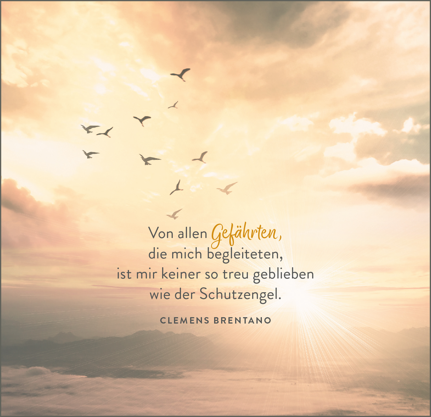 Gezeigt wird eine Innen- oder Zusatzansicht von „Engelsbotschaften“. Der Hintergrund zeigt einen sanften Farbverlauf in warmen Gold- und Orangetönen, der an einen Sonnenaufgang erinnert. Über der malerischen Landschaft fliegen stilisierte Vögel. Der zentrale Text ist in einer eleganten, verspielten Schriftart gehalten, wobei das Wort „Gefährten“ in einer auffällig gelben Farbe hervorgehoben ist. Darunter steht der Autor „Clemens Brentano“ in einer klaren, serifenlosen Schrift.