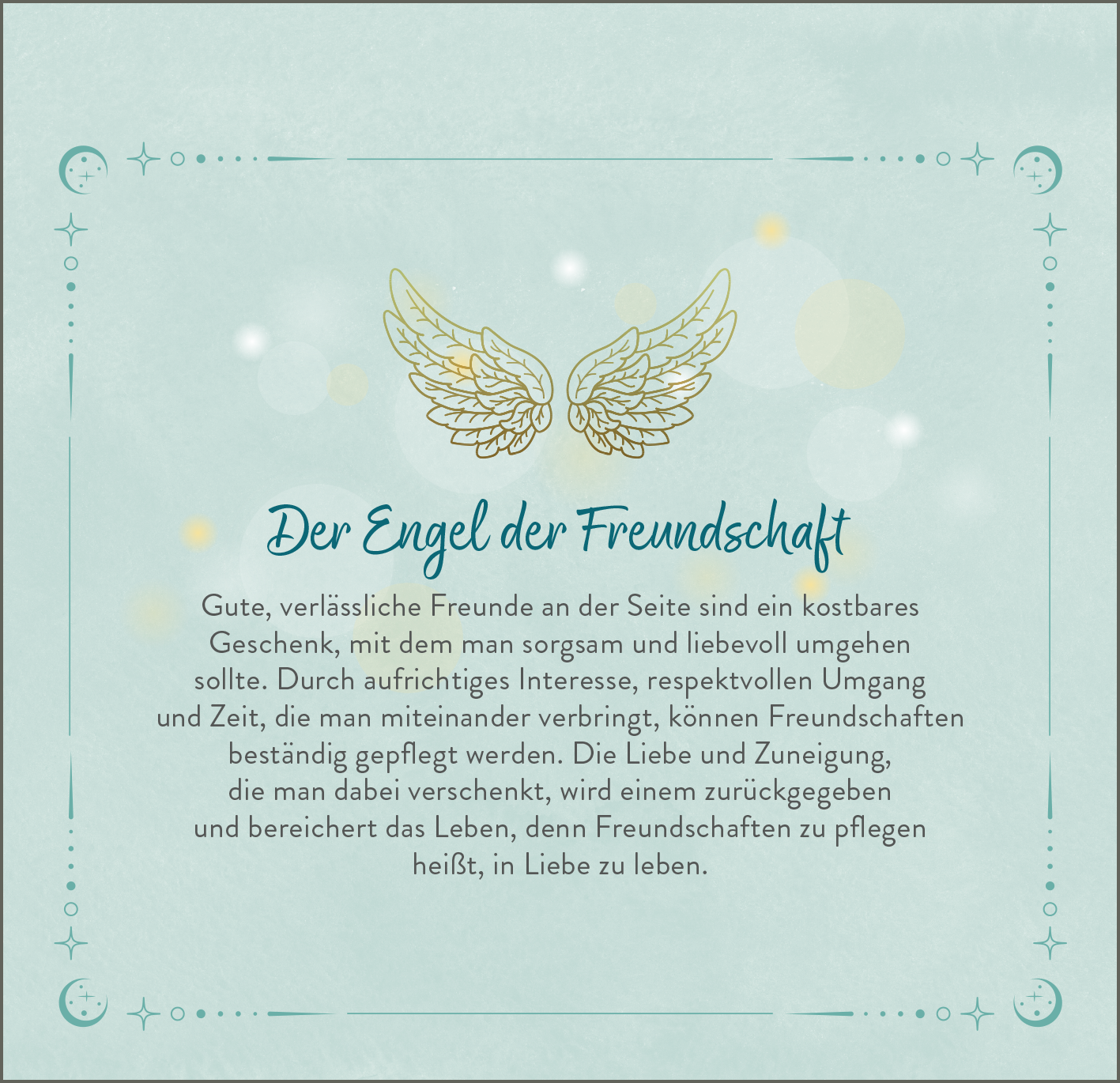 Gezeigt wird eine Innen- oder Zusatzansicht von „Engelsbotschaften“. Die Gestaltung in sanften Pastelltönen umfasst eine mintgrüne Hintergrundfarbe mit zarten, glühenden Lichtpunkten. In der Mitte sind goldene Engelshörner abgebildet. Der Titel „Der Engel der Freundschaft“ ist in verspielter, blauer Schreibschrift platziert, darunter steht ein Text in klarer, gut lesbarer Schrift. Die Gestaltung vermittelt eine freundliche und einladende Atmosphäre, ideal für Themen rund um...