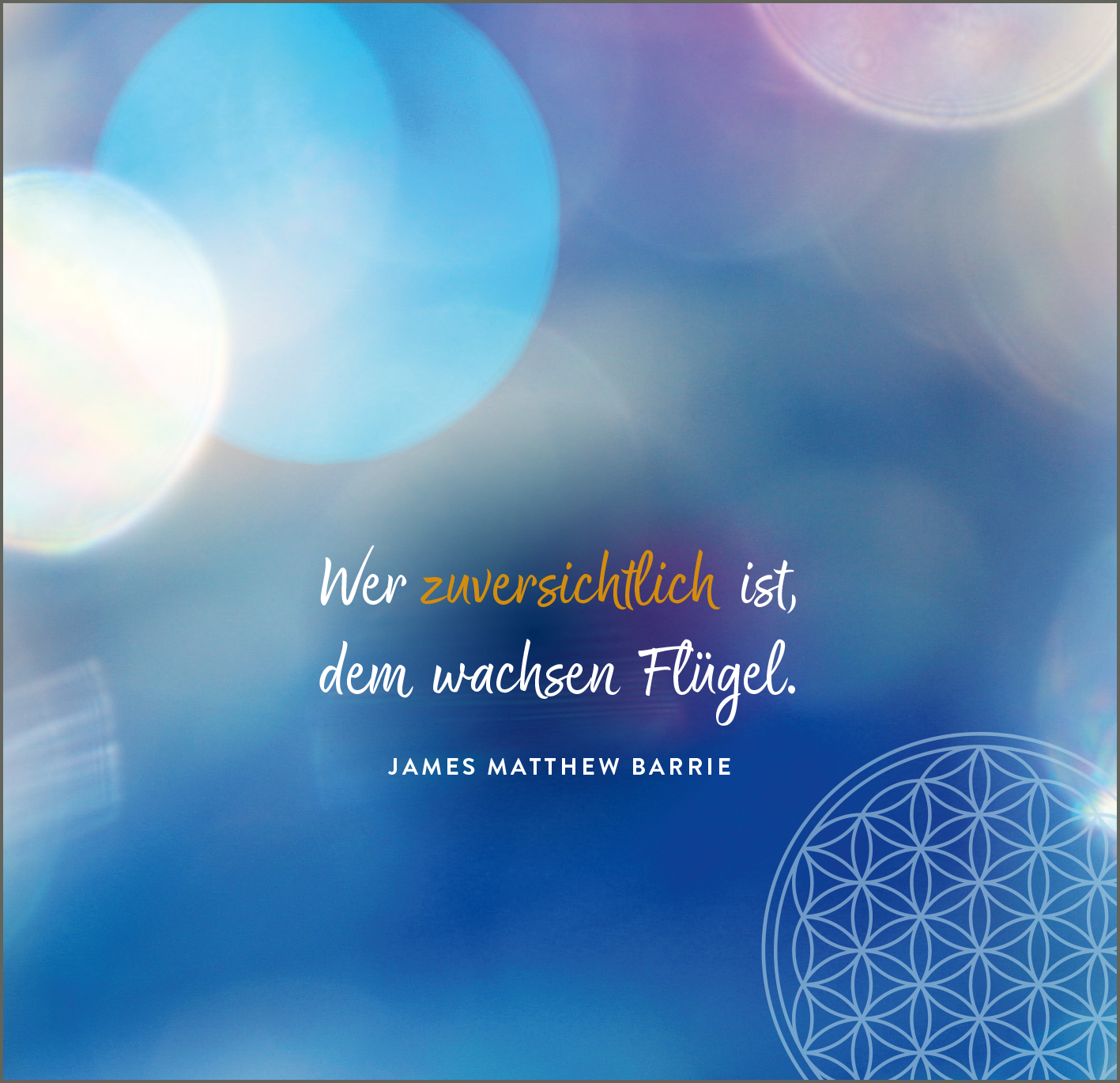 Gezeigt wird eine Innen- oder Zusatzansicht von „Engelsbotschaften“. Der Hintergrund ist in sanften Blau- und Lilatönen gestaltet, während verschiedene transparente Lichtpunkte in einem verschwommenen Stil leuchten. In der Mitte steht der prägnante Text „Wer zuversichtlich ist, dem wachsen Flügel“ in einer eleganten, kursiven Schrift in Gold und Schwarz. Darunter ist der Autorenname „James Matthew Barrie“ in einfacher, klarer Schrift. Rechts befindet sich ein dezent gestaltes...