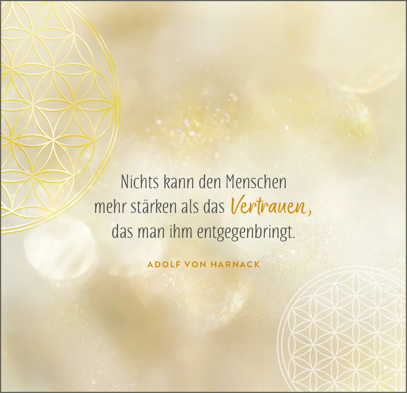 Gezeigt wird eine Innen- oder Zusatzansicht von „Engelsbotschaften“. Der Hintergrund ist in sanften, hellen Goldtönen gehalten und vermittelt einen warmen, einladenden Eindruck. Der Text „Nichts kann den Menschen mehr stärken als das Vertrauen, das man ihm entgegenbringt.“ ist zentral platziert, in einer eleganten Schriftart, die sich harmonisch von der Hintergrundfarbe abhebt. Ein stilisiertes, goldenes Blumenmuster rahmt das Bild ein und verstärkt das Gefühl von Leichtigkeit und...