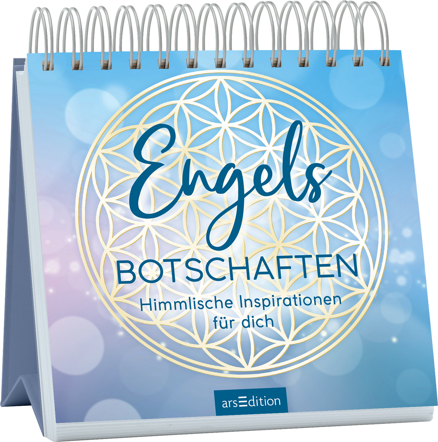 Das Buchcover zeigt einen sanften Farbverlauf in Himmelblau und Lila, durchzogen von hellen, unscharfen Lichtpunkten. Im Zentrum befindet sich ein goldenes Mandala-Motiv vor einem blau-violetten Hintergrund. Der Titel „Engelsbotschaften“ ist in einer eleganten, handschriftlichen Schriftart gestaltet, während der Untertitel „Himmlische Inspirationen für dich“ in einer klassischen, gut lesbaren Schrift gehalten ist. Ganz unten mittig steht der Logoschriftzug von arsEdition.