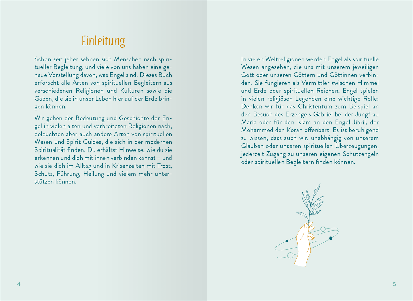 Gezeigt wird eine Innenansicht von „Engel“. Die Seite ist in sanften Grüntönen gehalten und enthält zwei Spalten. Links steht die Überschrift „Einleitung“ in einer klaren, modernen Schriftart. Der Text ist in schwarz und gut lesbar. Rechts befindet sich eine fortlaufende Beschreibung über Engel in verschiedenen Religionen, ergänzt durch eine illustrativ dargestellte Hand, die einen Zweig hält, was die spirituelle Verbindung symbolisiert.