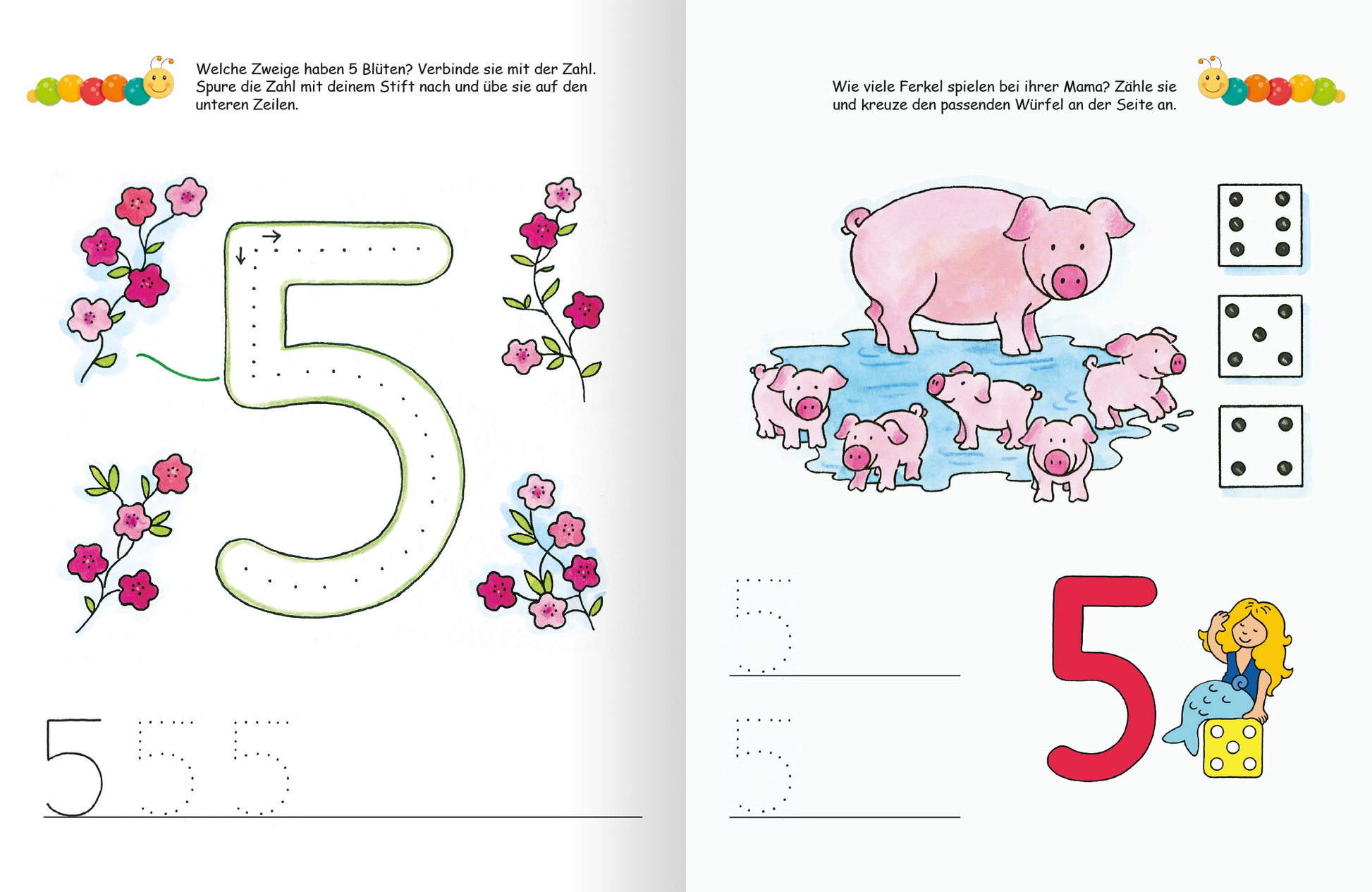 Gezeigt wird eine Innen- oder Zusatzansicht von „Lernraupe – Ruckzuck weggewischt! Erste Zahlen“. Auf der linken Seite steht die große, dicke Zahl „5“ in sanften Pastellfarben, umgeben von bunten, floral gestalteten Elementen. Darunter sind gestrichelte Linien zum Nachzeichnen. Die rechte Seite zeigt eine Illustration eines rosa Ferkels und seiner Ferkel, die in einer Wasserpfütze spielen. Zusätzlich sind zwei Würfel abgebildet, neben einer weiteren „5“ in leuchtendem Rot. Die...