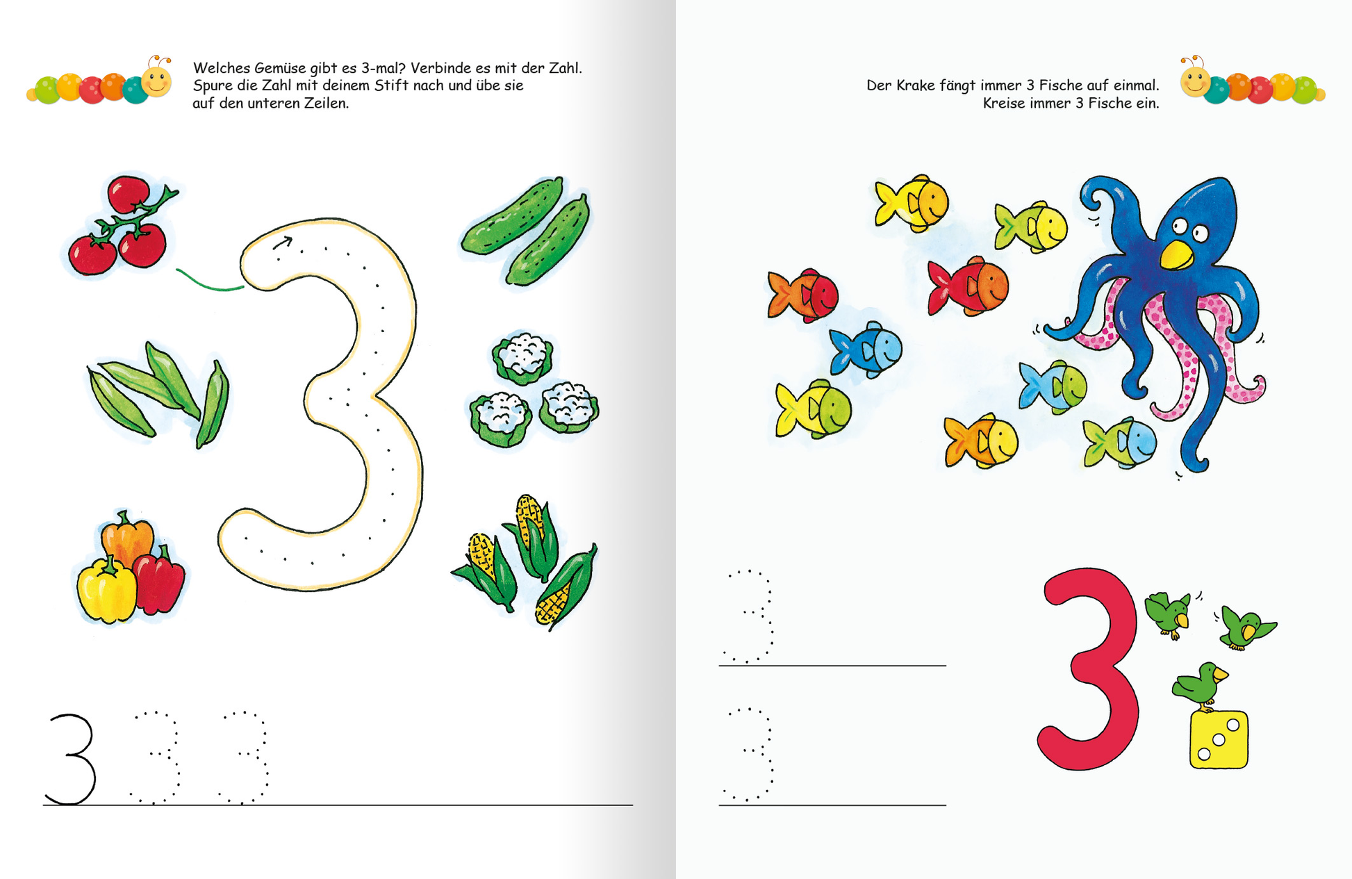 Gezeigt wird eine Innen- oder Zusatzansicht von „Lernraupe – Ruckzuck weggewischt! Erste Zahlen“. Auf der linken Seite sind farbige Illustrationen von Gemüse um die große Nummer „3“ gruppiert, darunter sind durchgehende Linien für das Nachzeichnen. Die rechte Seite zeigt einen Kraken und bunte Fische, die ebenfalls die Zahl „3“ thematisieren. Die Farben sind lebhaft und ansprechend, mit einem klaren, kindgerechten Schriftbild in kräftigem Blau und Rot.