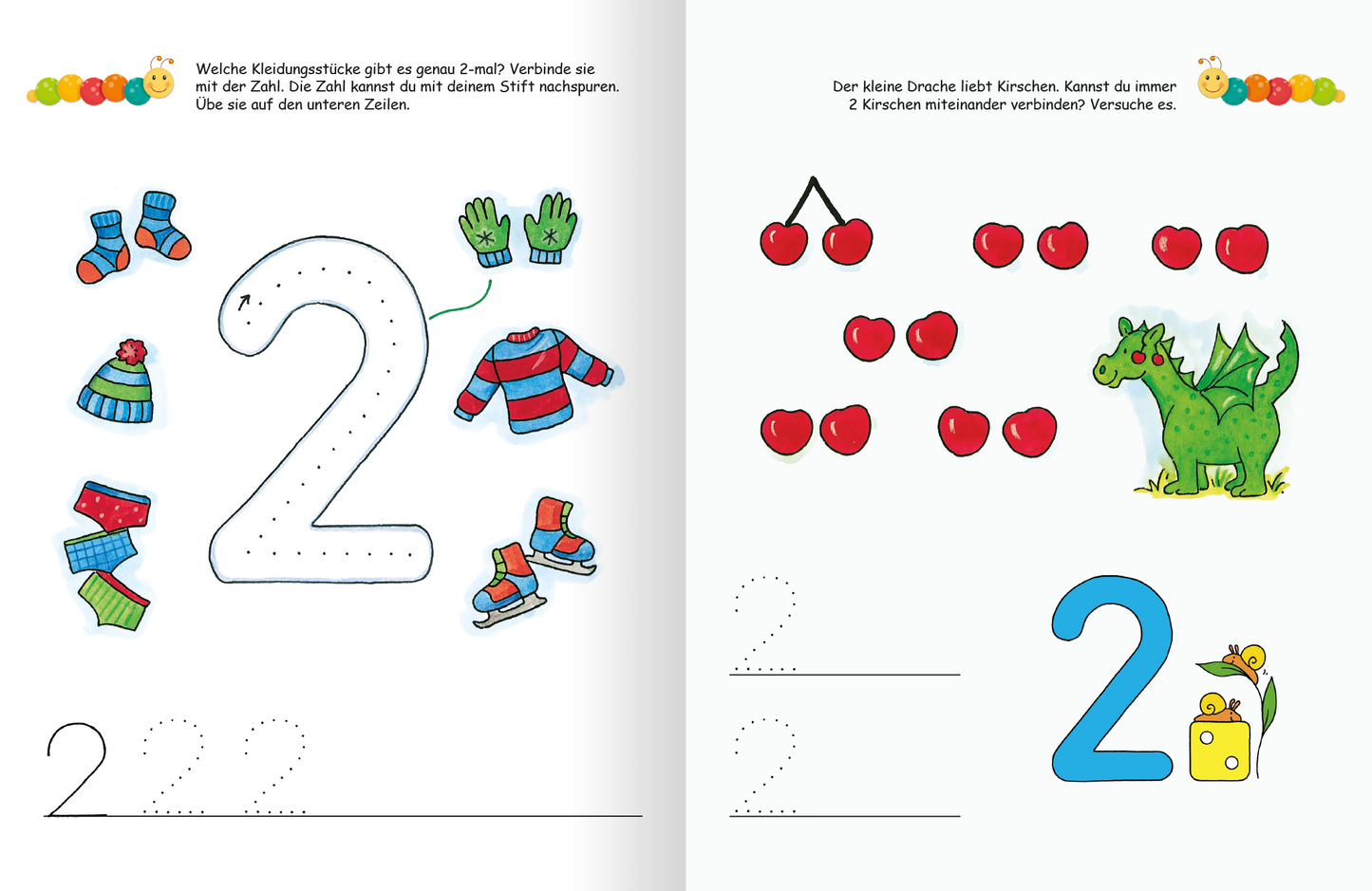 Gezeigt wird eine Innen- oder Zusatzansicht von „Lernraupe – Ruckzuck weggewischt! Erste Zahlen“. Die Seite präsentiert die Zahl 2, umgeben von farbenfrohen Illustrationen wie Socken, Mützen und einem grünen Drachen. Die Zahl ist in einer großen, dicken Schriftart gestaltet, die zum Nachspuren einlädt. Oben befinden sich Fragen zur Verbindung von Objekten, während unten Platz für eigene Zeichnungen oder Übungen vorgesehen ist. Die Farbpalette ist freundlich und lebhaft, geeignet...