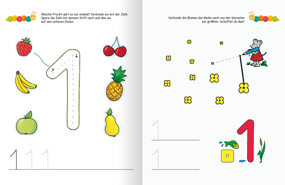 Gezeigt wird eine Innen- oder Zusatzansicht von „Lernraupe – Ruckzuck weggewischt! Erste Zahlen“. Auf der linken Seite ist die Zahl „1“ in großen, bunten Schriftzeichen abgebildet, umgeben von verschiedenen Zeichnungen frischer Früchte wie Erdbeeren, Bananen und Ananas. Die rechte Seite enthält eine illustrierte Aufgabe, in der kindgerechte Blumen und eine Maus abgebildet sind, die mit einem Wasserschlauch spritzt. Der Hintergrund ist hell und freundlich gestaltet, um eine...