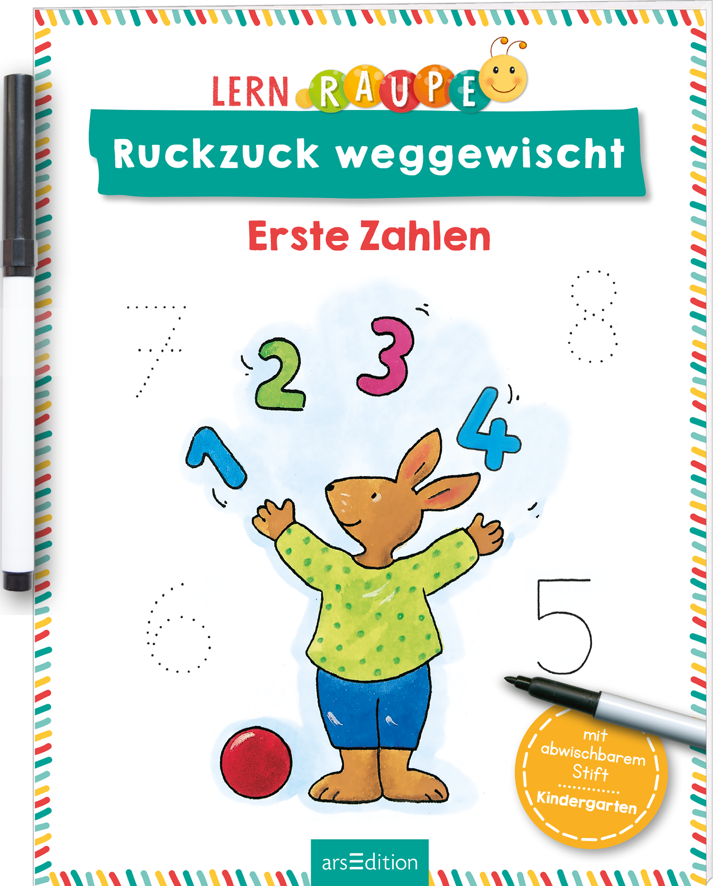 Das Buchcover zeigt eine fröhliche, farbenfrohe Illustrationsszene. Ein Hase steht in der Mitte und hebt freudig seine Arme, um mit Zahlen zu interagieren. Die Zahlen 1 bis 7 sind in verschiedenen Farben um den Hasen herum verteilt, wobei die Zahl 3 in Pink hervorgehoben ist. Oben steht der Titel „Ruckzuck weggewischt“ in leuchtendem Rot, während darunter „Erste Zahlen“ in einer einfachen Schriftart erscheint. In der unteren rechten Ecke befindet sich ein Hinweis über abwischbare...