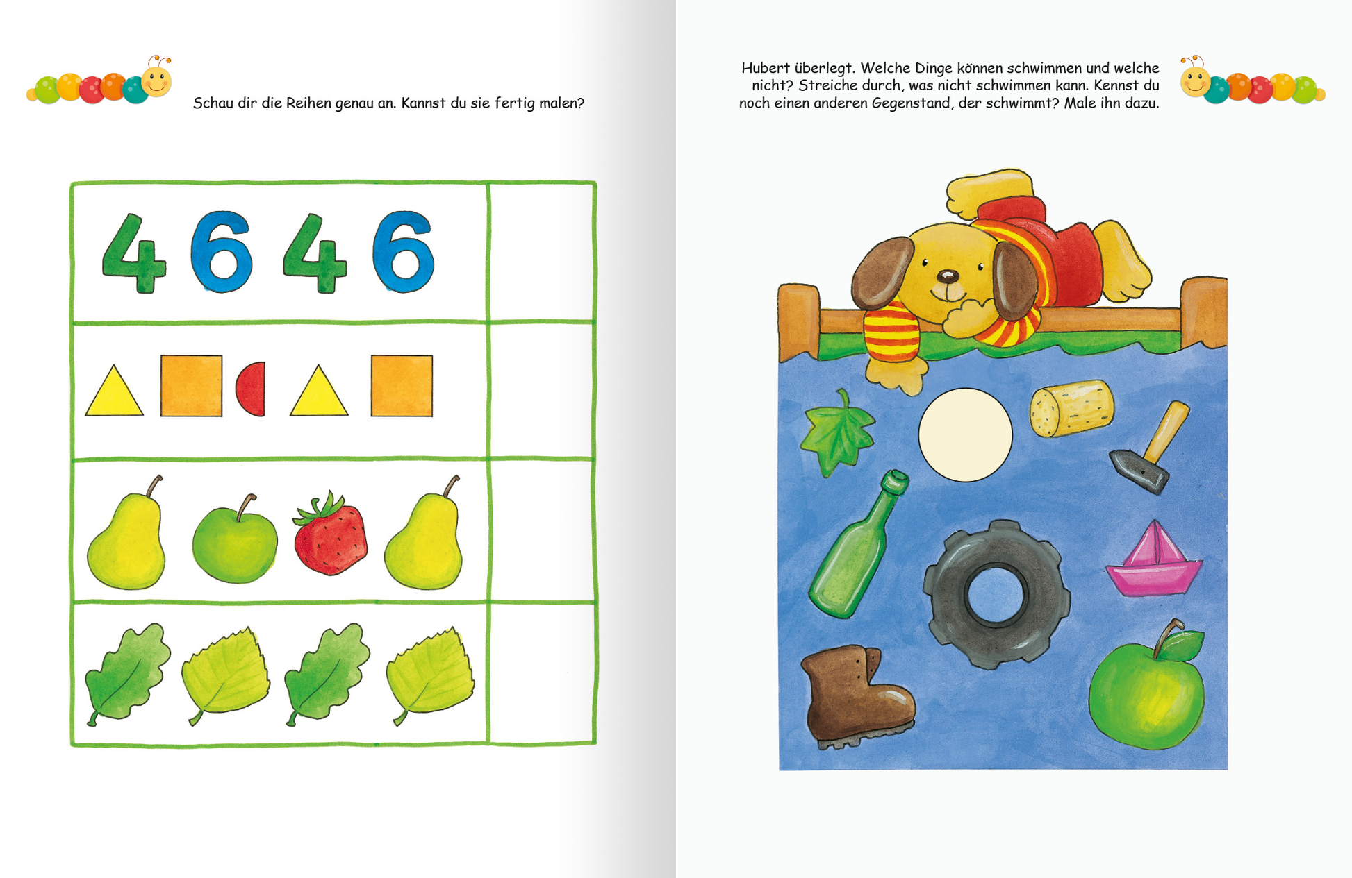 Gezeigt wird eine Innen- oder Zusatzansicht von „Lernraupe – Ruckzuck weggewischt! Konzentration“. Die linke Seite präsentiert eine Tabellenübersicht mit großen, bunten Zahlen „4“, „6“ in Blau und Gelb sowie geometrischen Formen in kräftigen Farben. Darunter sind verschiedene Früchte und Blätter abgebildet. Auf der rechten Seite liegt ein Hund mit einer roten und gelben Mütze am Ufer, umgeben von Objekten im Wasser, darunter ein Boot und eine Flasche. Der Hintergrund ist in...