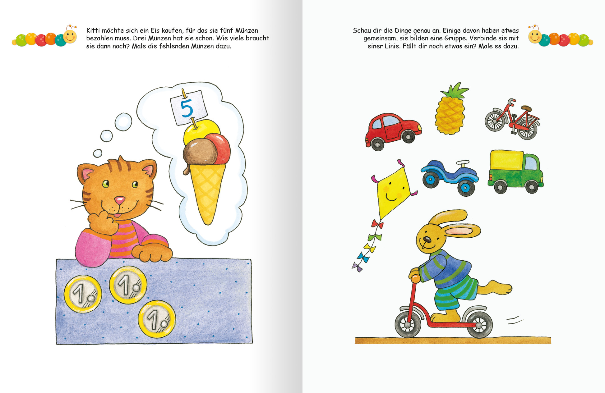 Gezeigt wird eine Innen- oder Zusatzansicht von „Lernraupe – Ruckzuck weggewischt! Konzentration“. Die Seite zeigt links eine Katze, die an einer Theke mit Geldmünzen steht und an einem Eis mit einer Waffel denkt. Rechts sind farbenfrohe Illustrationen verschiedener Objekte wie Autos, ein Rad, eine Ananas und ein Hase auf einem Roller verteilt. Die Typografie ist kindgerecht und klar, mit großen, bunten Schriftzügen, die die unterschiedlichen Elemente unterstützen.