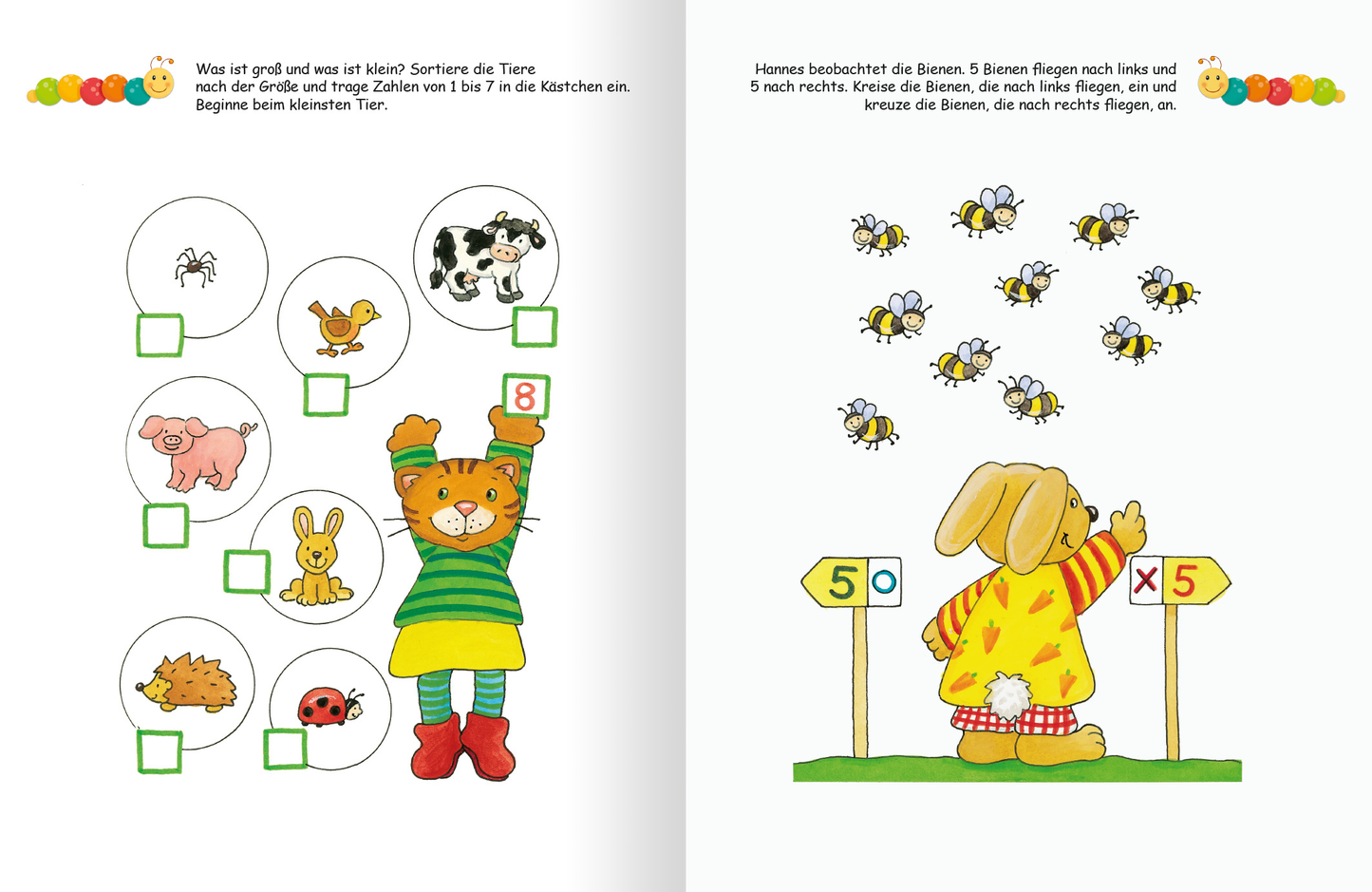 Gezeigt wird eine Innen- oder Zusatzansicht von „Lernraupe – Ruckzuck weggewischt! Konzentration“. Links sind tierische Illustrationen in kreisförmigen Kästen zu sehen, darunter eine kindliche Figur mit gestreiftem Pullover, die die Hände hebt. Die Farben sind lebhaft und bunt, mit viel Gelb und Grün. Rechts ist ein Hund mit einer orangefarbenen Jacke abgebildet, der Bienen beobachtet, die um ihn herumfliegen. Die Typografie ist klar und freundlich, passend für Kinder.