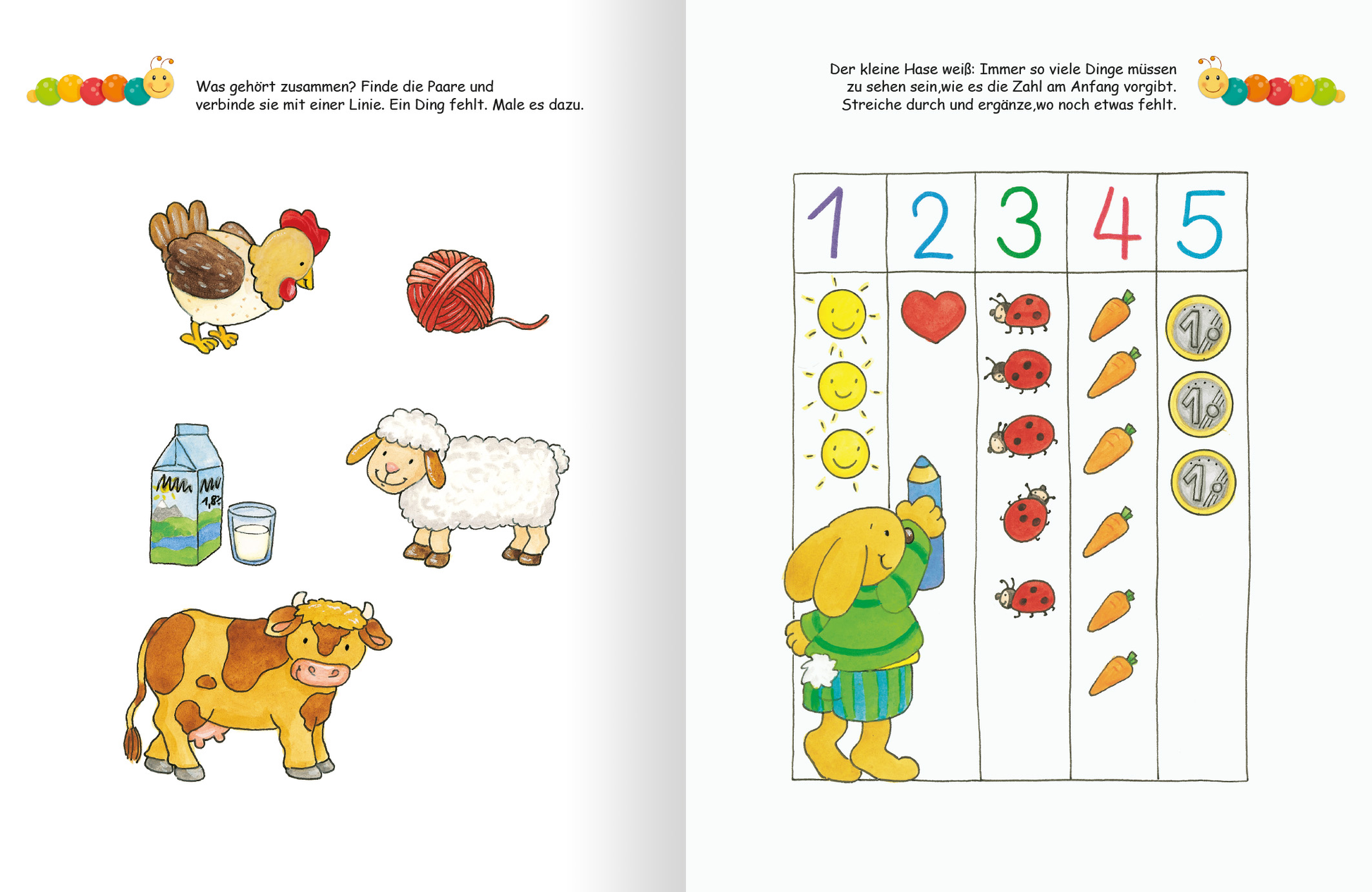 Gezeigt wird eine Innen- oder Zusatzansicht von „Lernraupe – Ruckzuck weggewischt! Konzentration“. Auf der linken Seite sind bunte Illustrationen von Tieren und Gegenständen, darunter ein Huhn, ein Schaf, eine Kuh und eine Wollkugel. Die rechte Seite zeigt die Figur eines kleinen Hasen, der mit einer Farbpalette ein Zählspiel anordnet. Die Zahlen sind in verschiedenen Farben gehalten und visuelle Elemente wie Sonne und Marienkäfer ergänzen die spielerische Darstellung. Die Typografie...