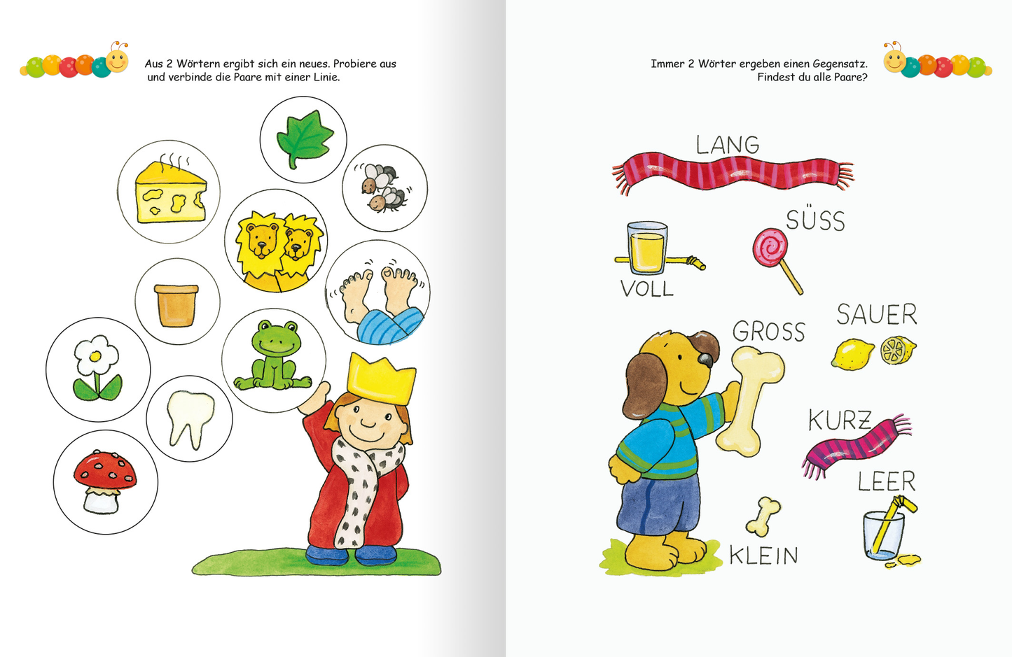 Gezeigt wird eine Innen- oder Zusatzansicht von „Lernraupe – Ruckzuck weggewischt! Konzentration“. Die Seite ist farbenfroh gestaltet und zeigt zahlreiche Illustrationen. Auf der linken Seite sind verschiedene Objekte in Kreisen abgebildet, darunter eine Käseplatte, Blumen, und ein Zahn. Rechts befindet sich eine fröhliche Hundefigur, die ein großes Knochenstück hält, umgeben von Bildelementen mit Wörtern wie „LANG“, „SÜSS“ und „KLEIN“. Die Schriftart ist leserlich und...