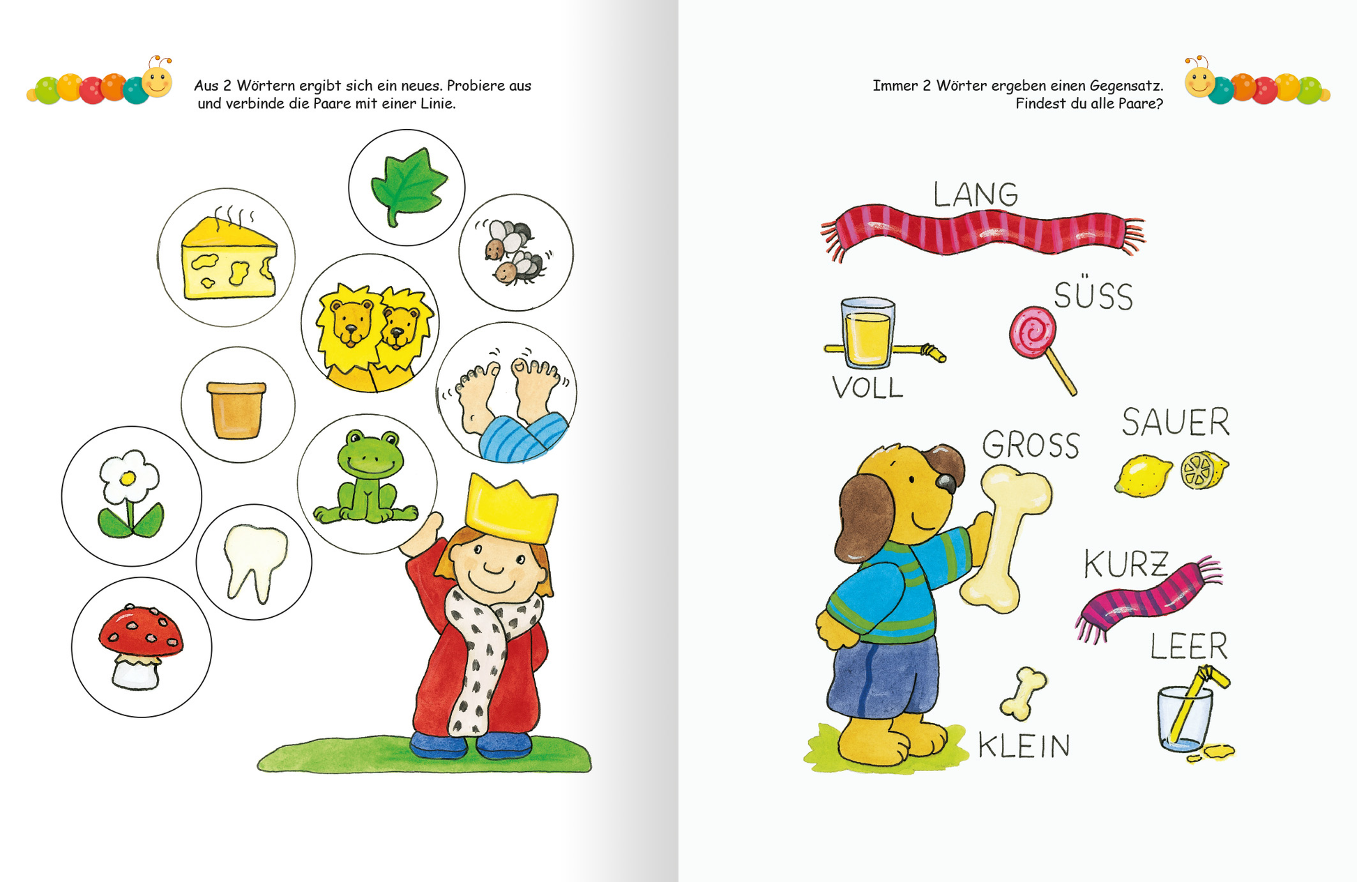 Gezeigt wird eine Innen- oder Zusatzansicht von „Lernraupe – Ruckzuck weggewischt! Konzentration“. Die Seite ist farbenfroh gestaltet und zeigt zahlreiche Illustrationen. Auf der linken Seite sind verschiedene Objekte in Kreisen abgebildet, darunter eine Käseplatte, Blumen, und ein Zahn. Rechts befindet sich eine fröhliche Hundefigur, die ein großes Knochenstück hält, umgeben von Bildelementen mit Wörtern wie „LANG“, „SÜSS“ und „KLEIN“. Die Schriftart ist leserlich und...