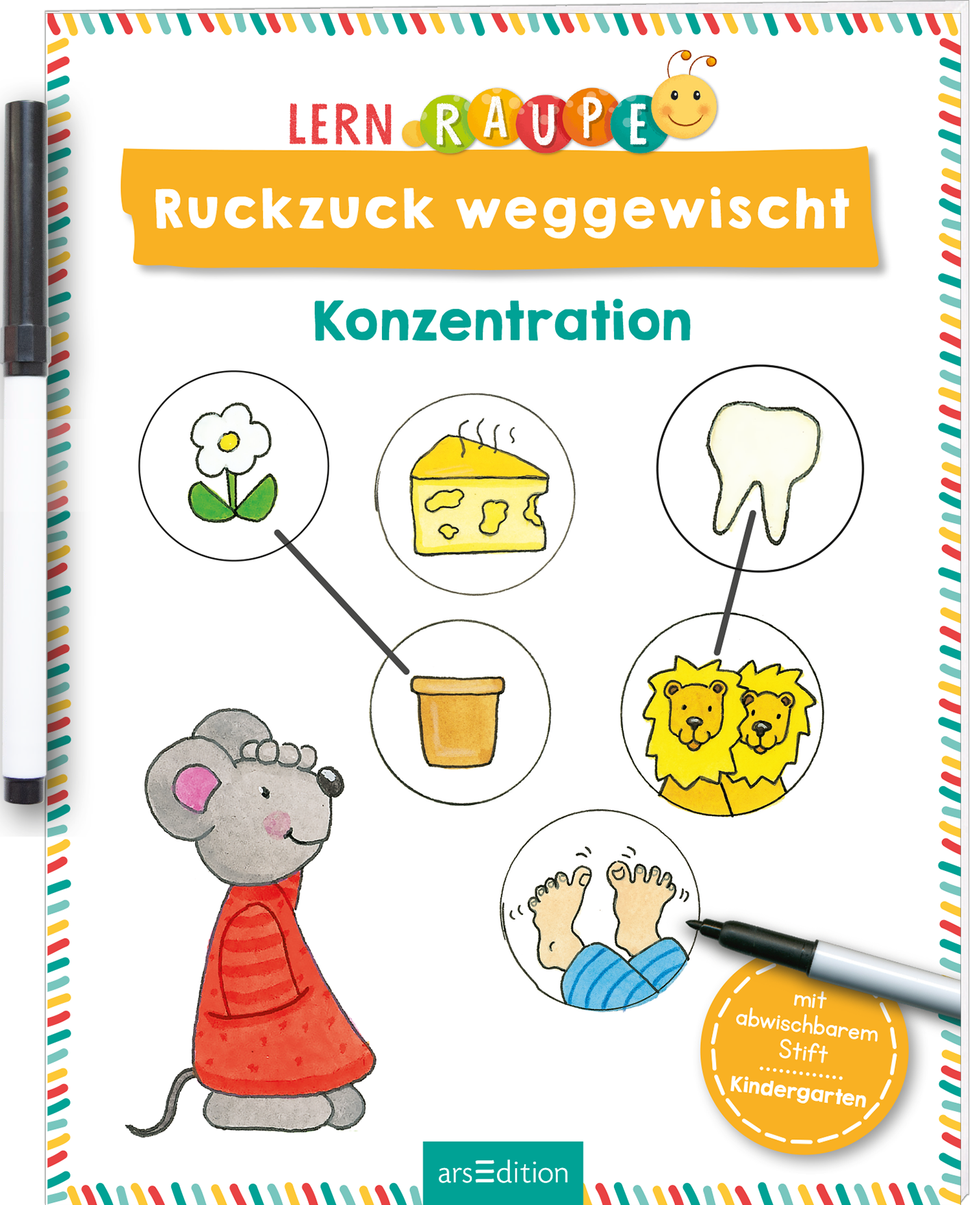 Das Buchcover zeigt eine freundliche Maus in einem roten Kleid, die auf einem weißen Hintergrund steht. Um sie herum sind bunte, kreisförmige Illustrationen: eine Blume, ein Stück Käse, ein Eimer, Löwen und Füße. Der Titel „Ruckzuck weggewaschen“ ist in leuchtendem Gelb oben platziert, gefolgt von dem Wort „Konzentration“ in Türkis. Oben rechts ist ein Logo mit einer bunten Raupe. Ganz unten mittig steht der Logoschriftzug von arsEdition.