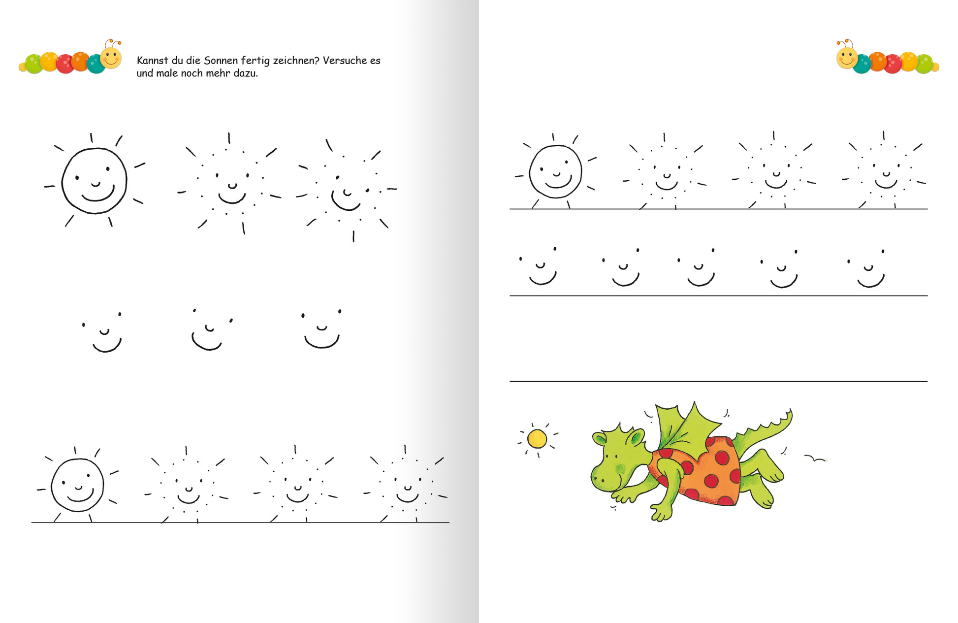 Gezeigt wird eine Innen- oder Zusatzansicht von „Lernraupe – Ruckzuck weggewischt! Schwungübungen“. Die Seite zeigt eine helle, einladende Gestaltung mit leeren Umrisszeichnungen von Sonne und fröhlichen Gesichtern, die zum Ausmalen einladen. Auf der rechten Seite ist ein fröhlicher, grüner Drache mit roten Punkten abgebildet, der lebhaft über die Seite fliegt. Die Schrift ist in klaren, freundlichen Buchstaben gehalten, was die Lesbarkeit für Kinder unterstützt.