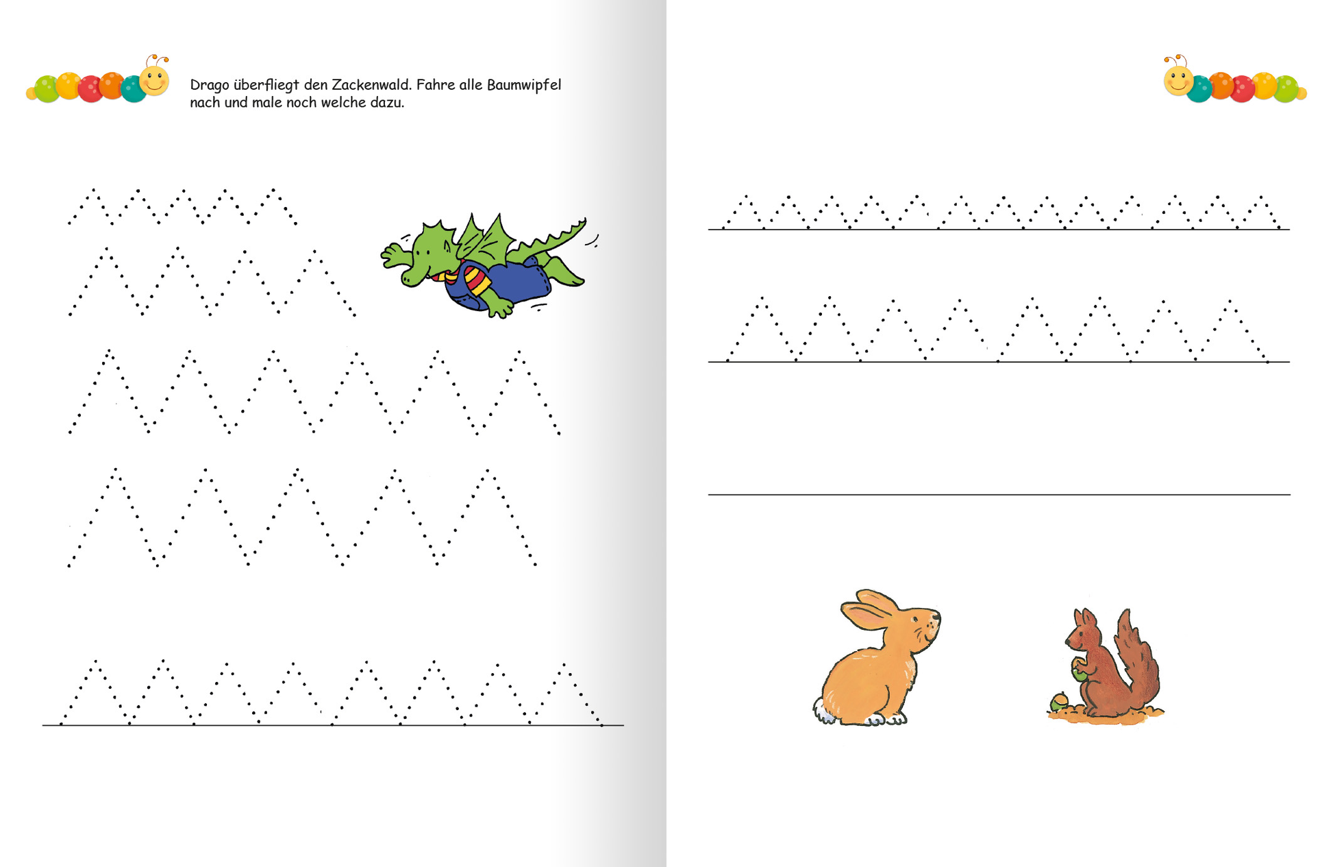 Gezeigt wird eine Innen- oder Zusatzansicht von „Lernraupe – Ruckzuck weggewischt! Schwungübungen“. Die linke Seite zeigt eine illustrierte Szene mit einem fliegenden Drachen sowie verschiedenen, gezackten Linien in Form von Dreiecken. Die rechte Seite präsentiert zwei Kängurus, die nebeneinander sitzen. Die Farbpalette ist lebhaft und umfasst Grün, Orange und Braun. Die Typografie ist klar und kinderfreundlich, mit ansprechenden, runden Buchstaben.