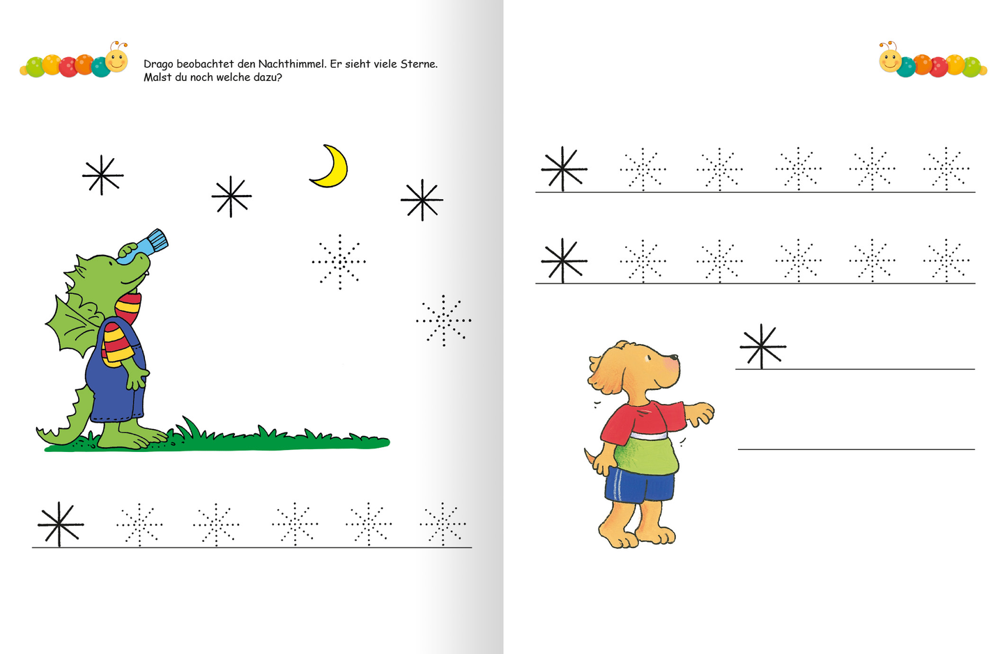 Gezeigt wird eine Innen- oder Zusatzansicht von „Lernraupe – Ruckzuck weggewischt! Schwungübungen“. Die Seite zeigt eine bunte Illustration eines Drachen, der mit einem Blasinstrument den Nachthimmel betrachtet, flankiert von einem Hund, der aufgeregt zu den Sternen schaut. Der Hintergrund ist in sanften Farben gehalten, darunter eine grüne Wiese und ein gelber Mond. Unter der Zeichnung sind Linien für Schreibübungen in einfacher, klarer Typografie angeordnet. Spätere Abschnitte...