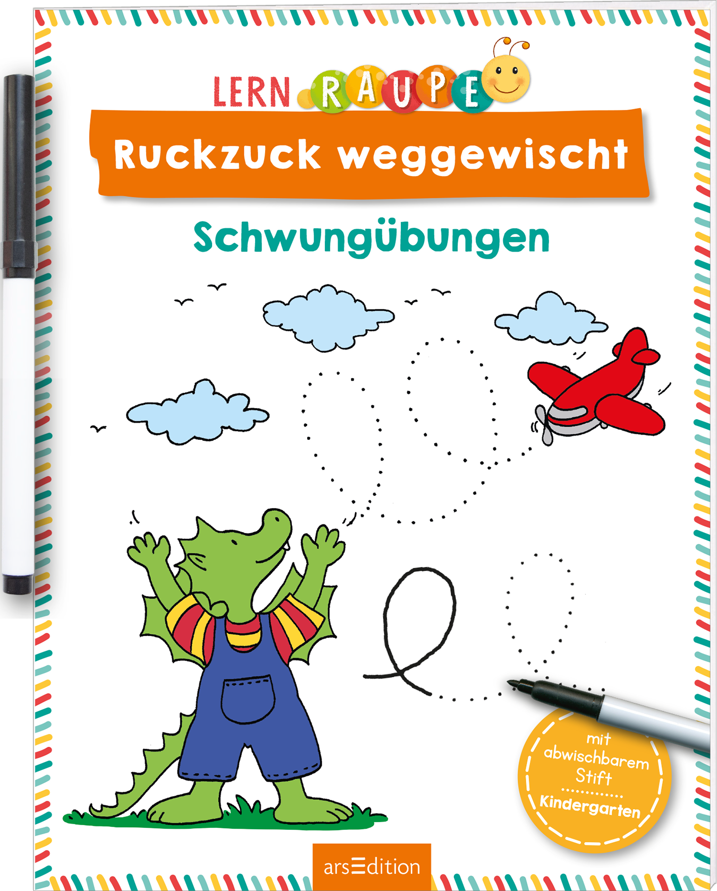 Das Buchcover zeigt einen fröhlichen Drachen in einer bunten Strumpfhose mit Streifen, der mit beiden Händen in die Luft zeigt. Neben ihm fliegt ein rotes Flugzeug, während Wolken und eine Sonnenfigur den Himmel schmücken. Oben ist der Titel „Ruckzuck weggewischt“ in orangefarbener Großschrift platziert, darunter steht „Schwungübungen“ in blauer Schrift. An der oberen Kante sind rundum bunte Punkte zu sehen. Ein kleiner Hinweis vermerkt: „mit abwischbarem Stift für...