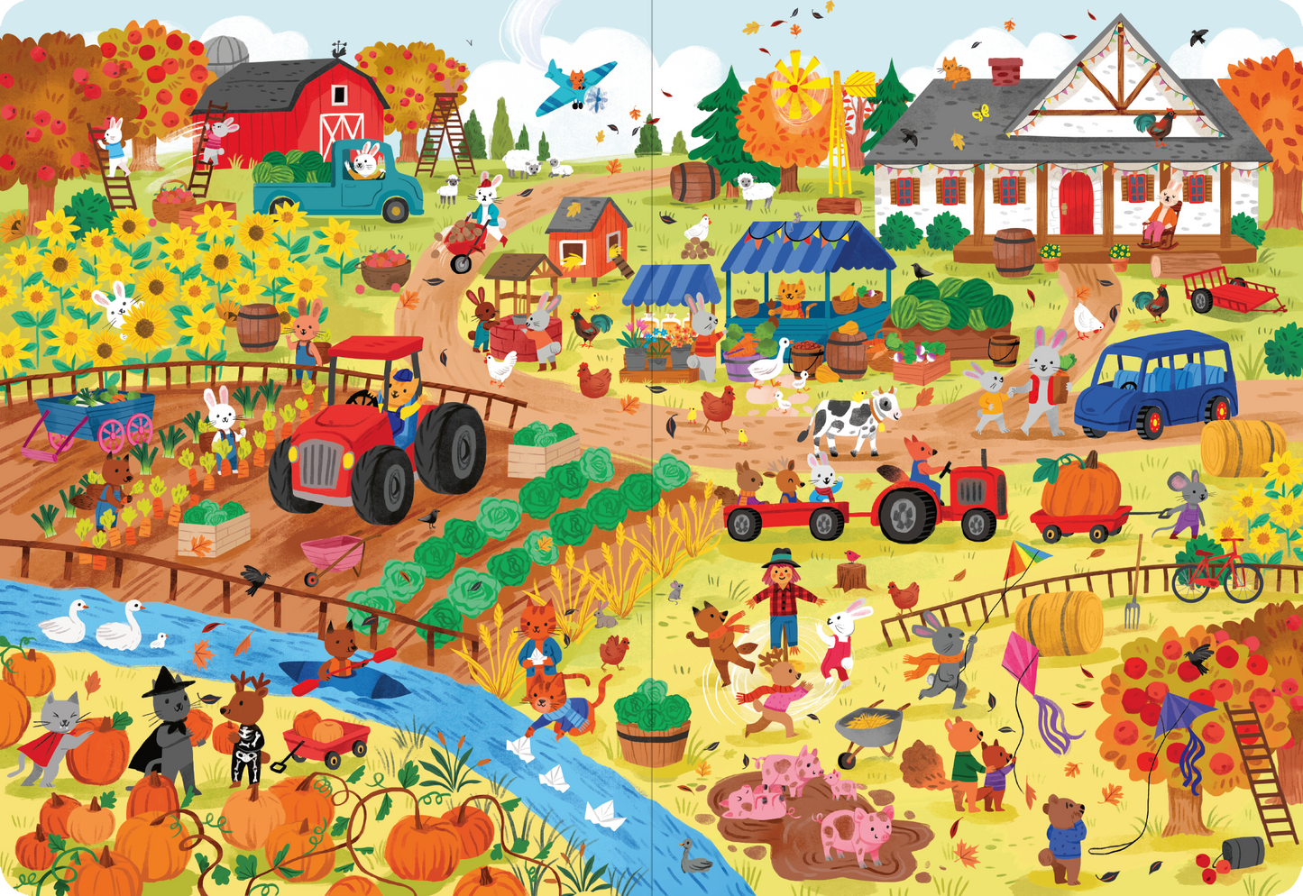 Gezeigt wird eine Innen- oder Zusatzansicht von „Mein großes Wimmelbuch – Im Herbst“. Die farbenfrohe Szene zeigt einen Bauernhof im Herbst mit vielen fröhlichen Tieren wie Hühnern, Kühen und Kaninchen. Pumpkins und Sonnenblumen sind in leuchtenden Gelb- und Orangetönen dargestellt. Ein roter Traktor und ein blauer Wagen kreuzen den Weg, während Kinder und Erwachsene verschiedene Herbstaktivitäten ausführen. Die Illustration verwendet eine klare Schriftart für die darauf...