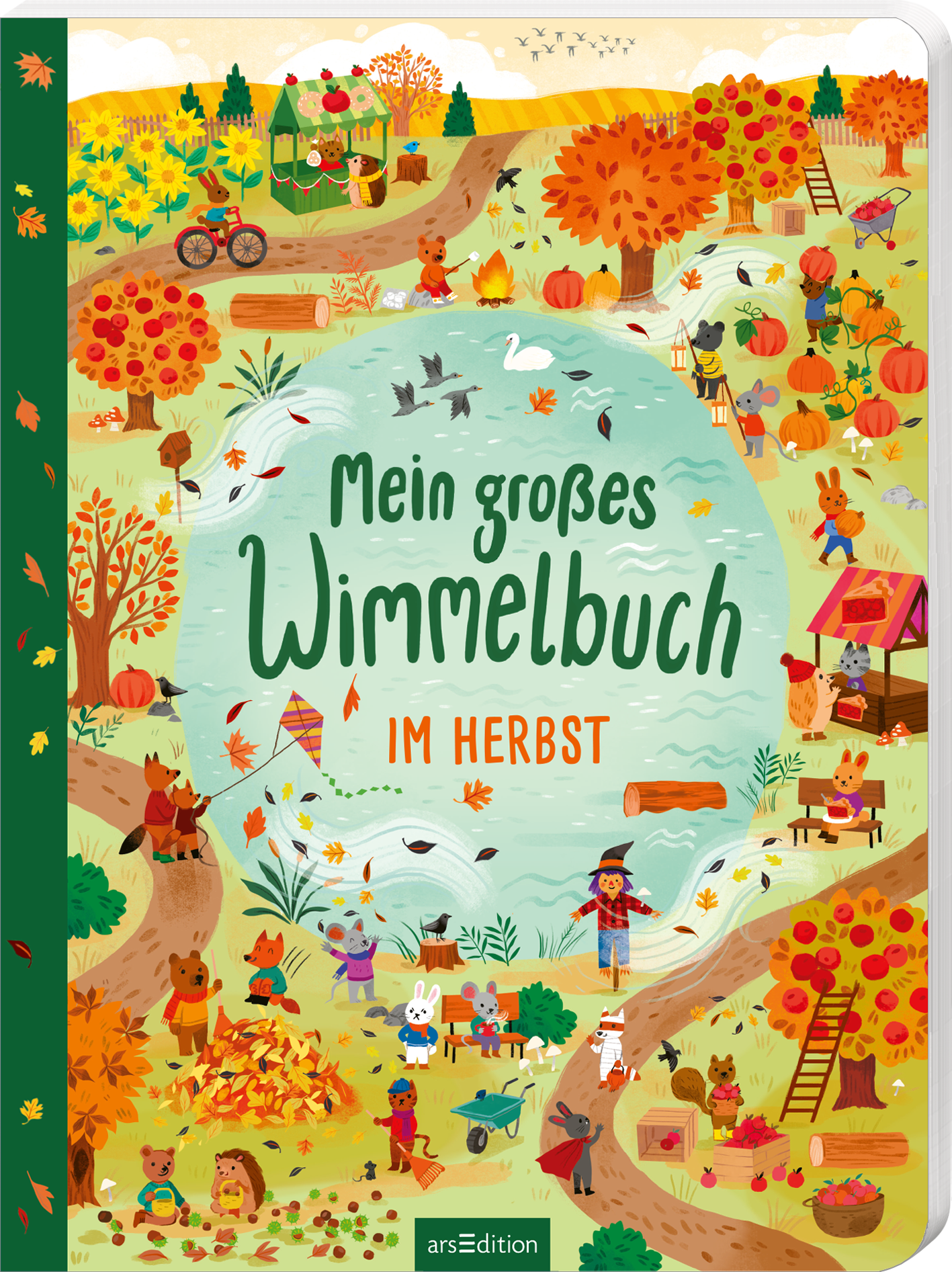 Das Buchcover zeigt eine lebendige, herbstliche Landschaft mit bunten Bäumen in Gelb, Orange und Rot. In der Mitte des Covers steht der Titel „Mein großes Wimmelbuch“ in verspielter grüner Schrift, darunter „im Herbst“ in leuchtendem Orange. Rund um den Text sind Illustrationen von Tieren, Menschen und verschiedenen herbstlichen Aktivitäten wie Ernte und Spielen, die eine fröhliche Atmosphäre schaffen. Ganz unten mittig steht der Logoschriftzug von arsEdition.