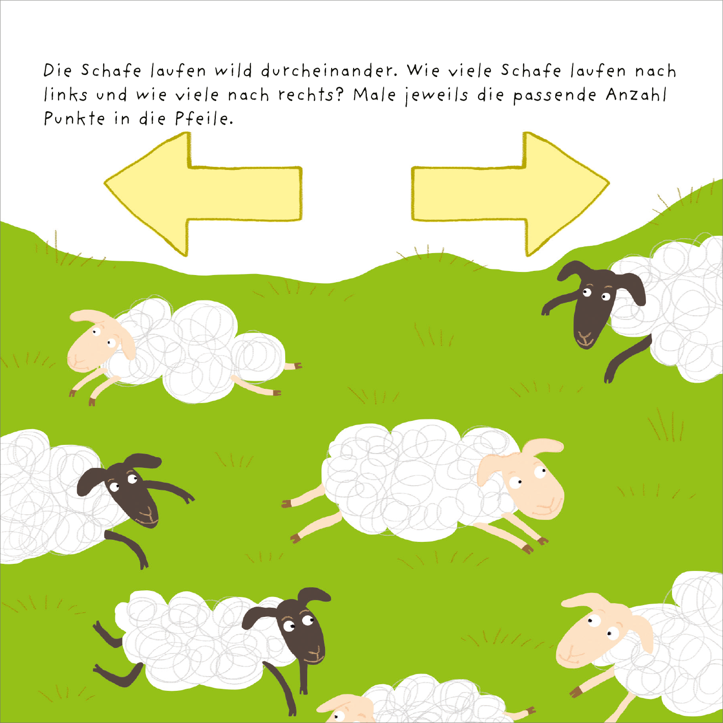 Gezeigt wird eine Innen- oder Zusatzansicht von „Mein dicker Frühlings-Rätselblock“. Das Bild zeigt eine grüne Wiese mit mehreren Schafen, die in unterschiedlichen Positionen liegen oder stehen. Einige Schafe sind weiß mit schwarzen Köpfen, während andere ganz weiß sind. Oben sind zwei gelbe Pfeile, die nach links und rechts zeigen. Darüber steht eine Anleitung in schwarzer Schrift, die erklärt, wie viele Schafe in welche Richtung laufen. Die Farben sind hell und freundlich, was...