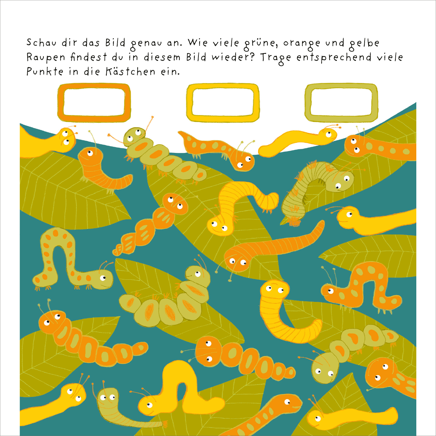 Gezeigt wird eine Innen- oder Zusatzansicht von „Mein dicker Frühlings-Rätselblock“. Die Seite zeigt ein bunten Hintergrund in Blau, auf dem verschiedene lustige, cartoonartige Raupen in den Farben Grün, Orange und Gelb verteilt sind. Sie kriechen über große, grüne Blätter, die unterschiedlich angeordnet sind. Oben befinden sich leere Kästchen, um Punkte einzutragen. Die Schrift ist klar und freundlich gestaltet, passt zur fröhlichen Thematik des Rätselblocks.