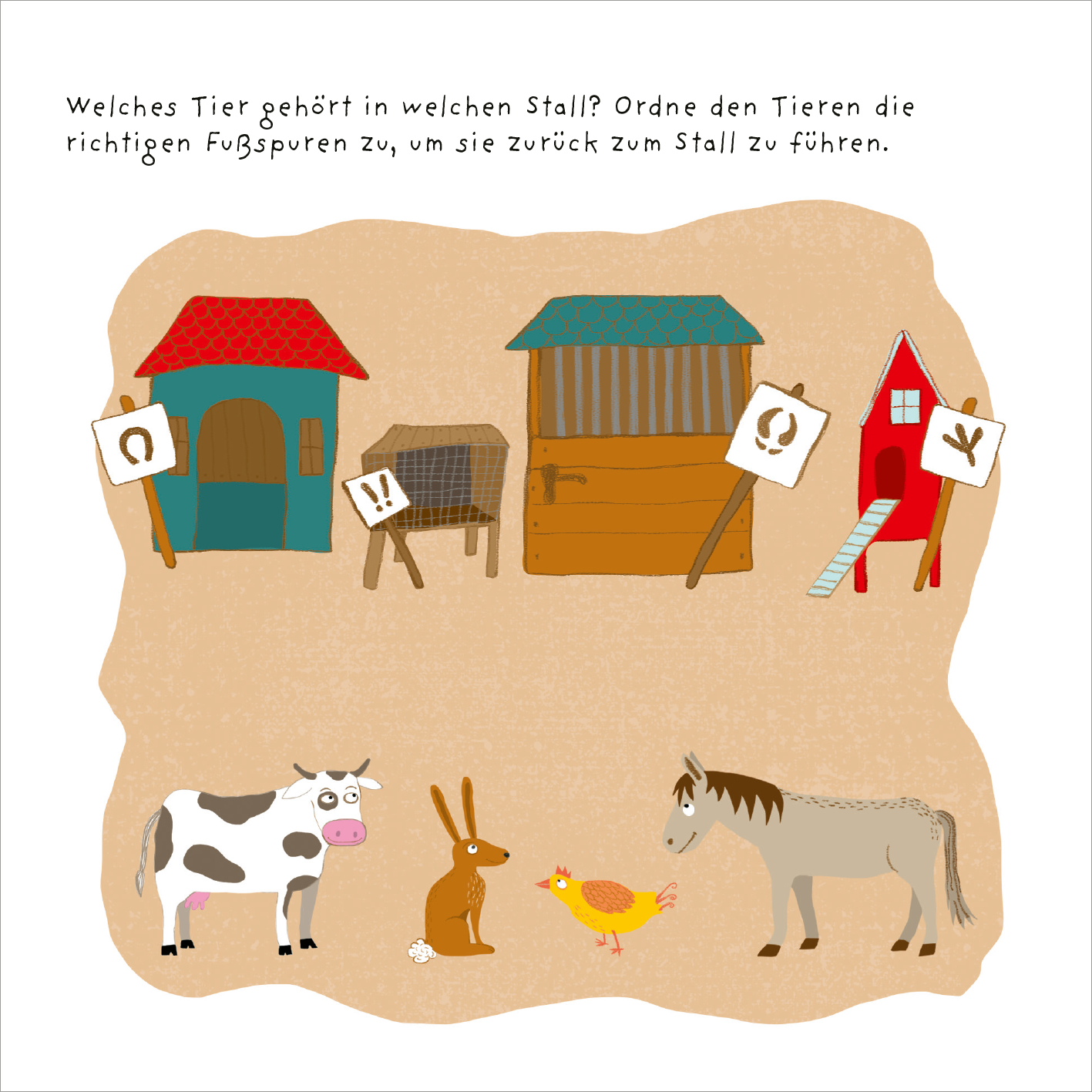 Gezeigt wird eine Innen- oder Zusatzansicht von „Mein dicker Frühlings-Rätselblock“. Die illustrative Szene zeigt mehrere farbenfrohe Ställe in verschiedenen Formen, darunter ein roter und ein blauer Stall. Vor den Ställen stehen einfache, cartoonartige Tiere, darunter eine Kuh, ein Hase, ein Huhn und ein Pferd. Oben befindet sich eine Frage in geschwungener Schrift: „Welches Tier gehört in welchen Stall?“ Die gesamte Gestaltung ist verspielt und einladend.