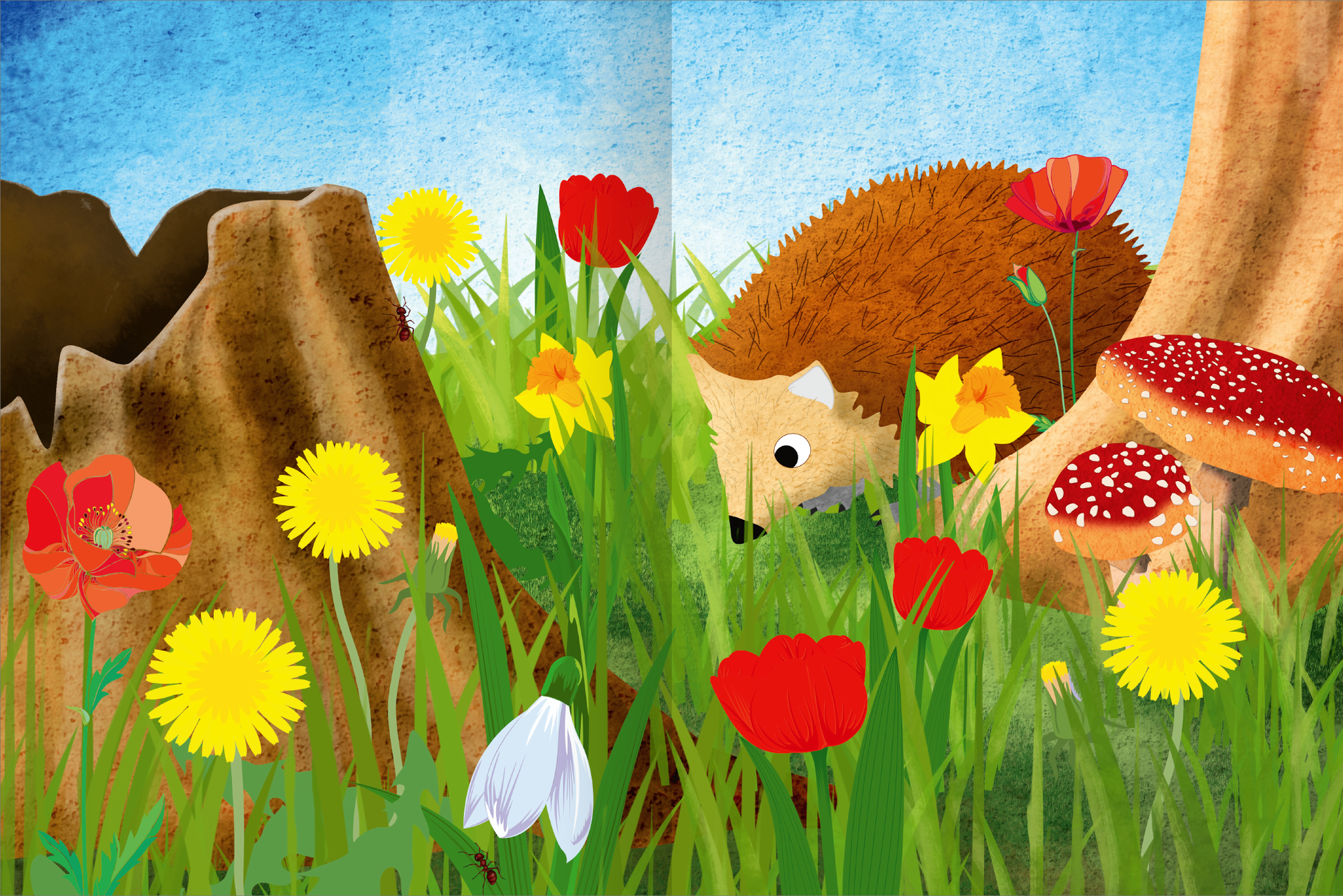 Gezeigt wird eine Innen- oder Zusatzansicht von „Das superdicke Stickerheft – Frühling“. Die Illustration zeigt eine bunte Frühlingslandschaft mit grünem Gras und verschiedenen Blumen in lebendigen Farben, darunter Rot, Gelb und Weiß. Ein Igel mit braunem Stachelkleid ist im Vordergrund zu sehen. Im Hintergrund sind große, braune Felsen und rot gefleckte Fliegenpilze abgebildet. Der Himmel ist strahlend blau und vermittelt eine fröhliche, einladende Atmosphäre.