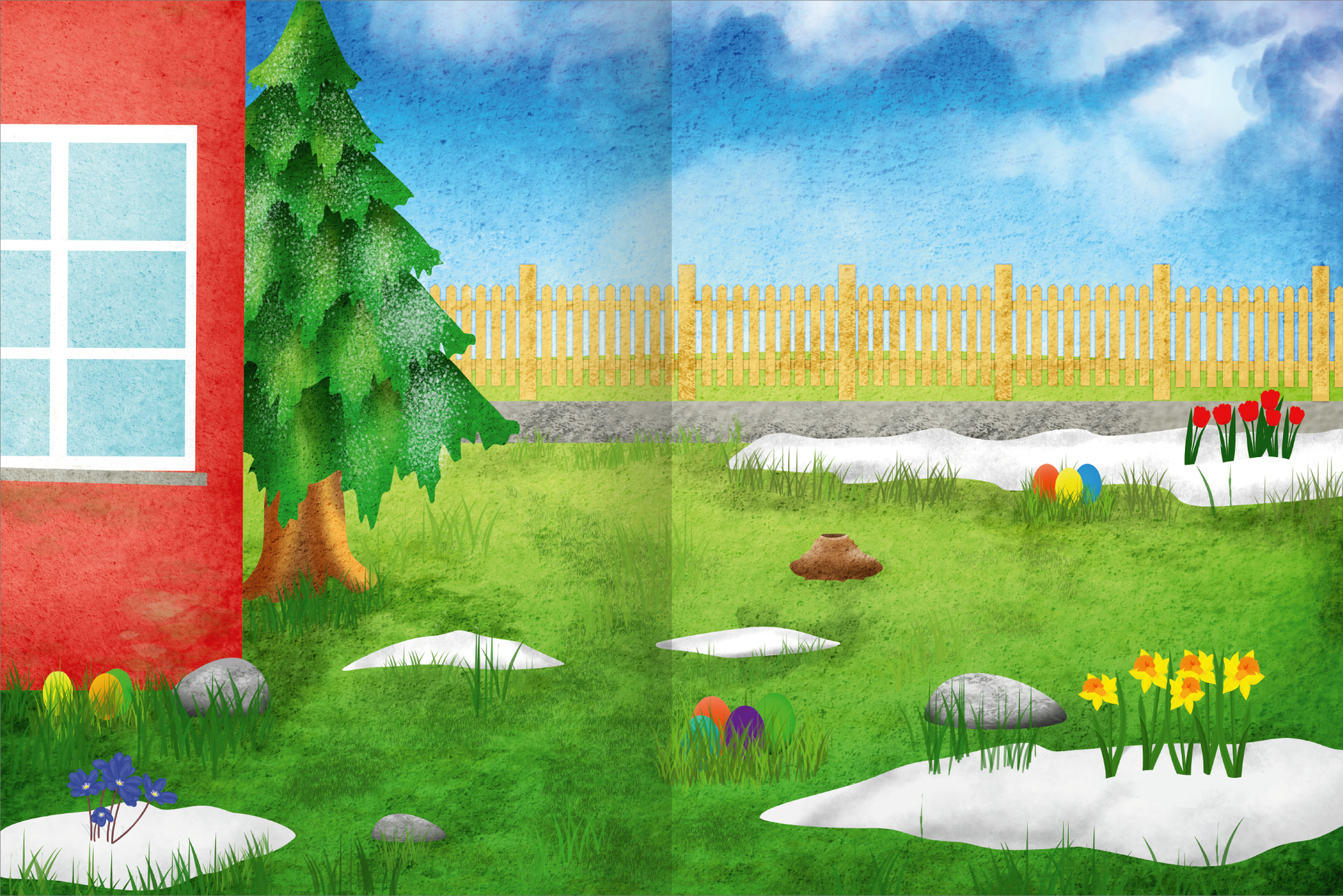 Gezeigt wird eine Innen- oder Zusatzansicht von „Das superdicke Stickerheft – Frühling“. Die Illustration zeigt einen fröhlichen Frühlingsgarten mit einer rot gestrichenen Wand links und einem grünen Baum, der im Vordergrund steht. Im Hintergrund ist ein Zaun sichtbar. Die bunte Wiese enthält schneebedeckte Bereiche, bunte Ostereier, fröhliche Blumen und Steine, die harmonisch eingebettet sind. Der Himmel strahlt in verschiedenen Blau-Tönen. Die Typografie wird in fröhlichen...