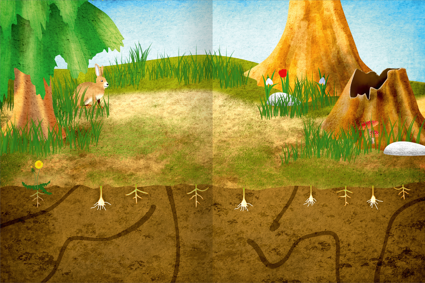 Gezeigt wird eine Innen- oder Zusatzansicht von „Das superdicke Stickerheft – Frühling“. Die Illustration zeigt eine lebendige Frühlingslandschaft mit einem hellblauen Himmel, saftigem Gras und bunten Blumen. Auf der linken Seite ist ein kleines braunes Kaninchen zu sehen, während rechts ein Baumstumpf und verschiedene Pflanzen zu erkennen sind. Unter der Erdoberfläche verlaufen Wurzeln, die die Verbindung zur Erde verdeutlichen. Die sanften Farben und kindgerechte Typografie erfreuen...