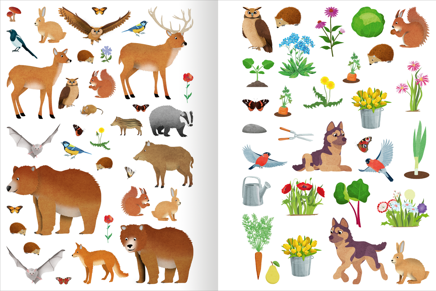 Gezeigt wird eine Innen- oder Zusatzansicht von „Das superdicke Stickerheft – Frühling“. Auf der linken Seite sind diverse Tiere wie Vögel, Rehe und Bären in warmen Erdtönen abgebildet, umgeben von Pflanzen und Blumen in lebhaften Farben. Die rechte Seite zeigt eine Auswahl an Frühlingsmotiven, darunter Gärtnerutensilien und niedliche Tiere, ergänzt durch bunte Blumen in Töpfen. Die klare, verspielte Typografie sowie die harmonische Farbpalette unterstreichen den fröhlichen...