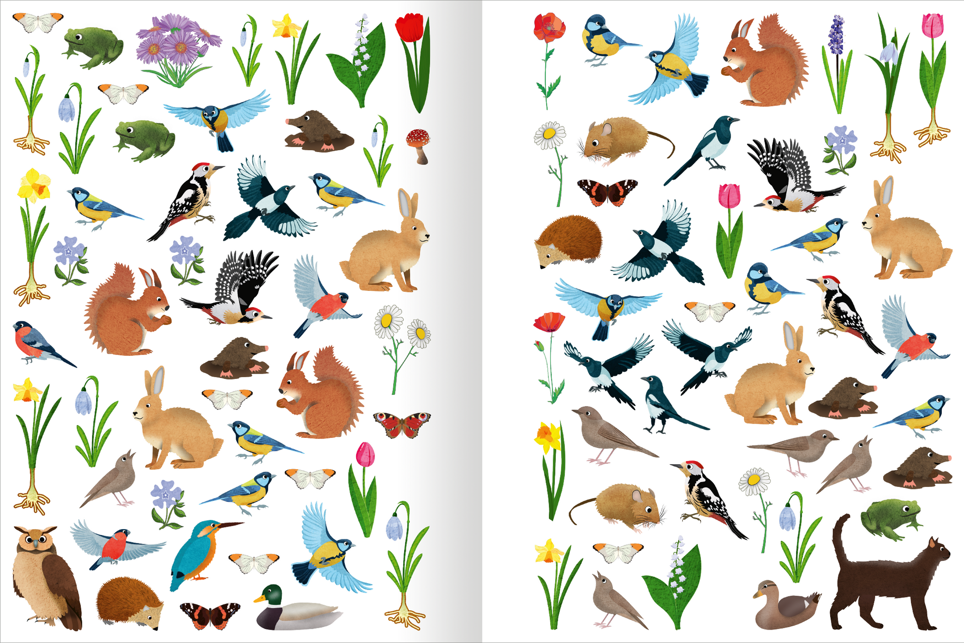 Gezeigt wird eine Innen- oder Zusatzansicht von „Das superdicke Stickerheft – Frühling“. Die Seite ist reichlich mit bunten Frühlingsmotiven gestaltet, die verschiedene Tiere wie Hasen, Eichhörnchen und Vögel sowie Blumen darstellen. Die Farben sind lebhaft, vor allem Grün, Blau, Gelb und Rot. Die Illustrationen sind verspielt und kindgerecht, um die Fröhlichkeit des Frühlings zu vermitteln. Die Typografie ist klar und freundlich, um die Zugänglichkeit zu unterstützen.