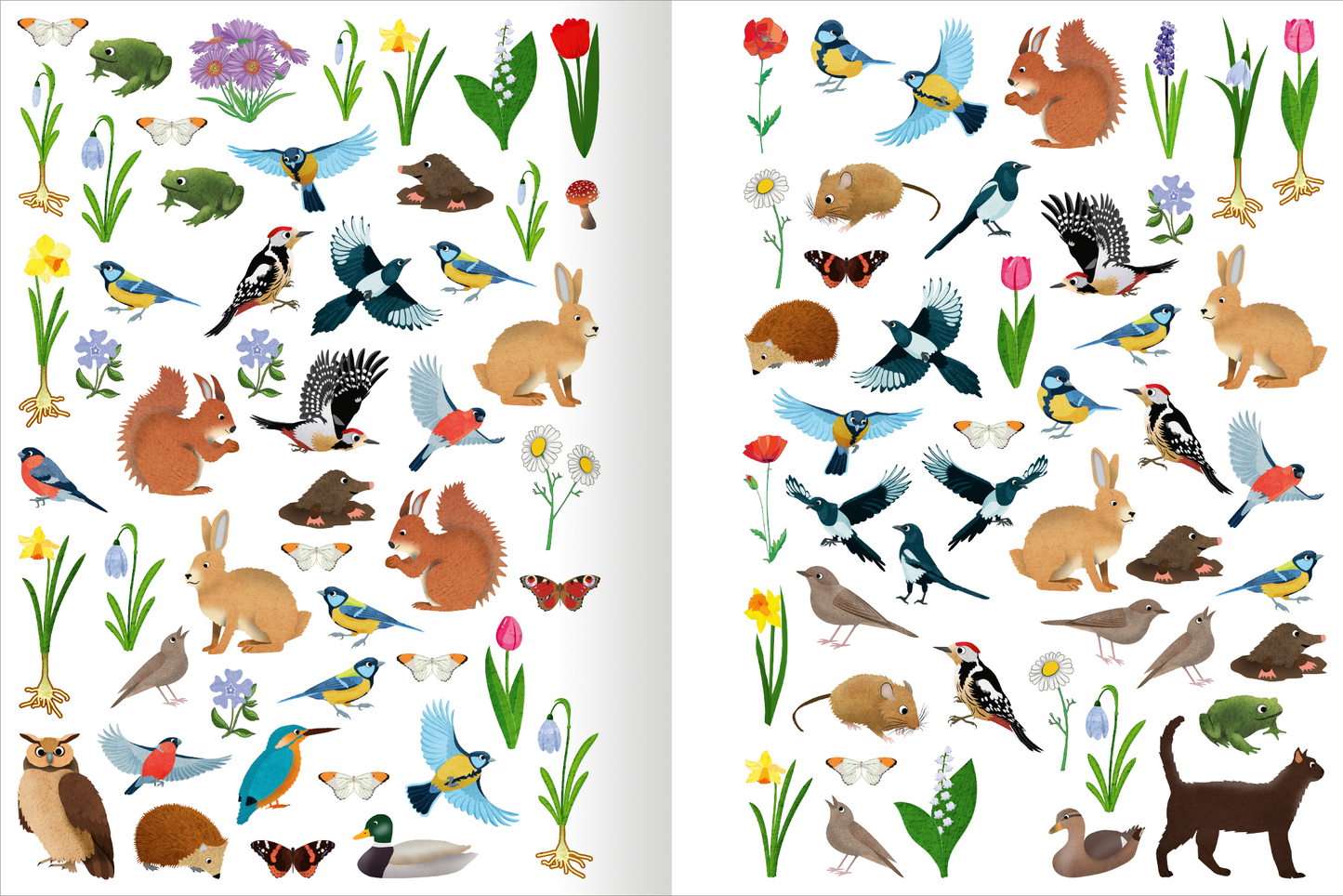 Gezeigt wird eine Innen- oder Zusatzansicht von „Das superdicke Stickerheft – Frühling“. Die Seite ist reichlich mit bunten Frühlingsmotiven gestaltet, die verschiedene Tiere wie Hasen, Eichhörnchen und Vögel sowie Blumen darstellen. Die Farben sind lebhaft, vor allem Grün, Blau, Gelb und Rot. Die Illustrationen sind verspielt und kindgerecht, um die Fröhlichkeit des Frühlings zu vermitteln. Die Typografie ist klar und freundlich, um die Zugänglichkeit zu unterstützen.