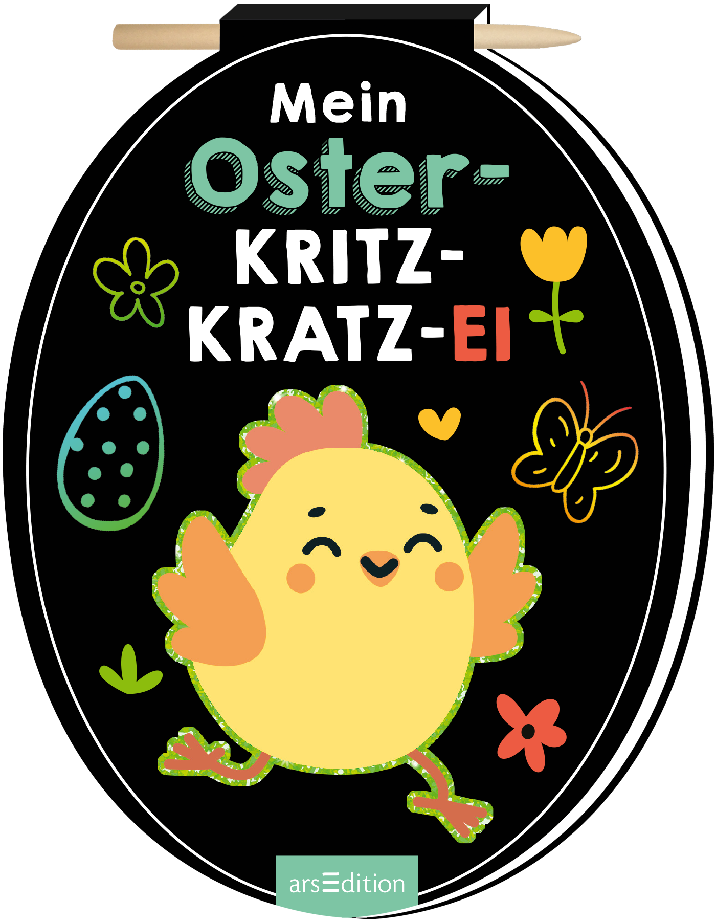 Das Buchcover zeigt ein ovales, schwarzes Design mit bunten, kindgerechten Illustrationen. Ein fröhliches, gelbes Küken blickt lächelnd beim „Oster-Kritz-Kratz-Ei“-Titel hervor, der in weißen und bunten Buchstaben gestaltet ist. Umgeben wird es von kleinen, farbenfrohen Ostereiern, Blumen und einer Schmetterlingszeichnung, die eine fröhliche Atmosphäre schaffen. Ganz oben rechts ist ein Stift abgebildet. Ein SPIEGEL-Bestseller-Button ist nicht vorhanden. Ganz unten mittig steht der...